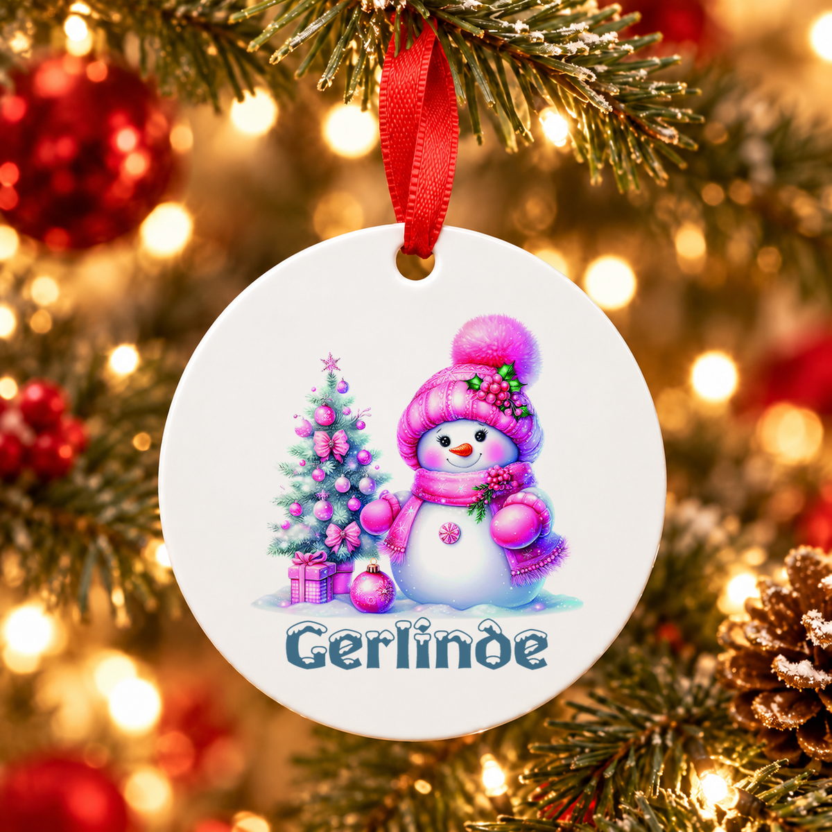 Weihnachtsanhänger personalisiert Schneemann 3 mit Wunschnamen – Rund, Stern, Herz oder Glocke