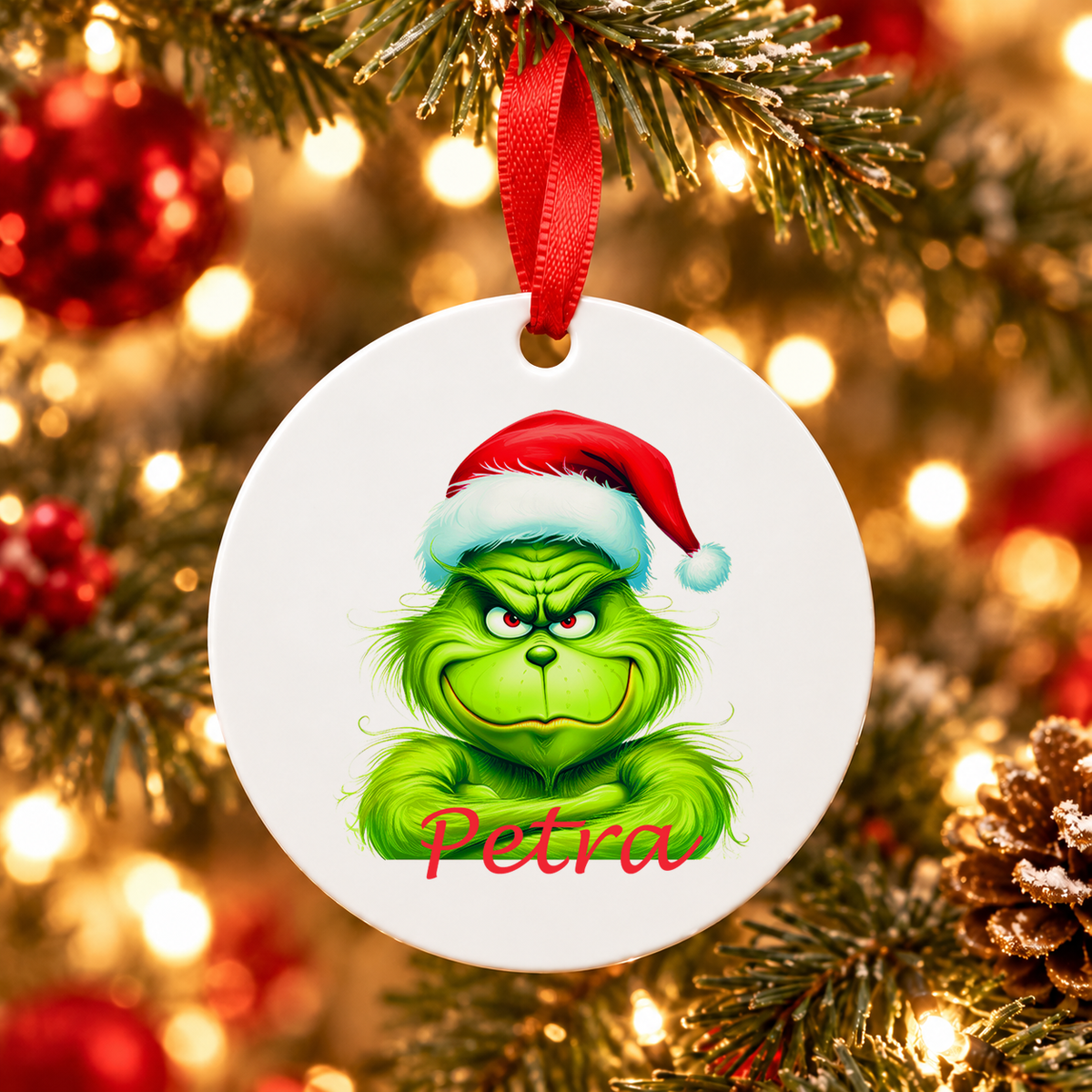 Weihnachtsanhänger personalisiert Grinch 2 mit Wunschnamen – Rund, Stern, Herz oder Glocke