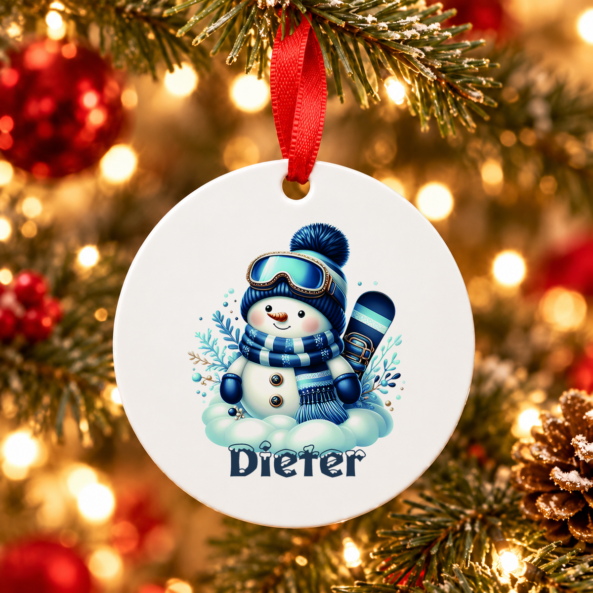 Weihnachtsanhänger personalisiert Schneemann 6 mit Wunschnamen – Rund, Stern, Herz oder Glocke