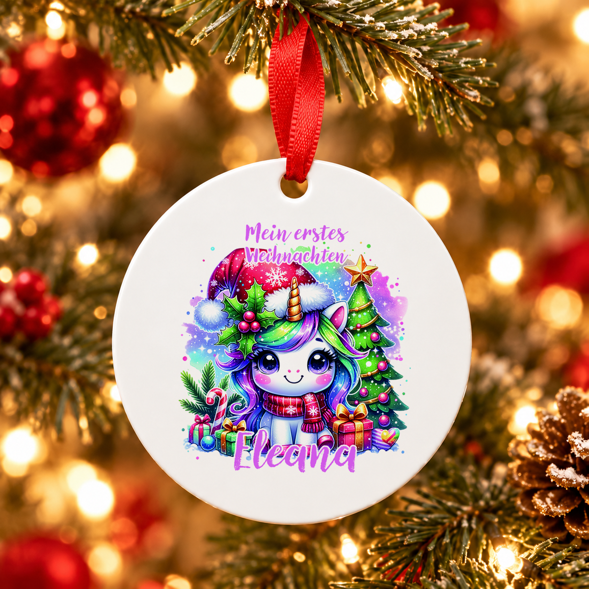 MUCKKI-PRO:cd7d0136a08163972e4a3c9d535b1976c5e93517fa8b844f7c006c3234eccc7e:Weihnachtsanhänger personalisiert Einhorn 2 – mein erstes Weihnachten mit Wunschnamen – Rund, Stern, Herz oder Glocke