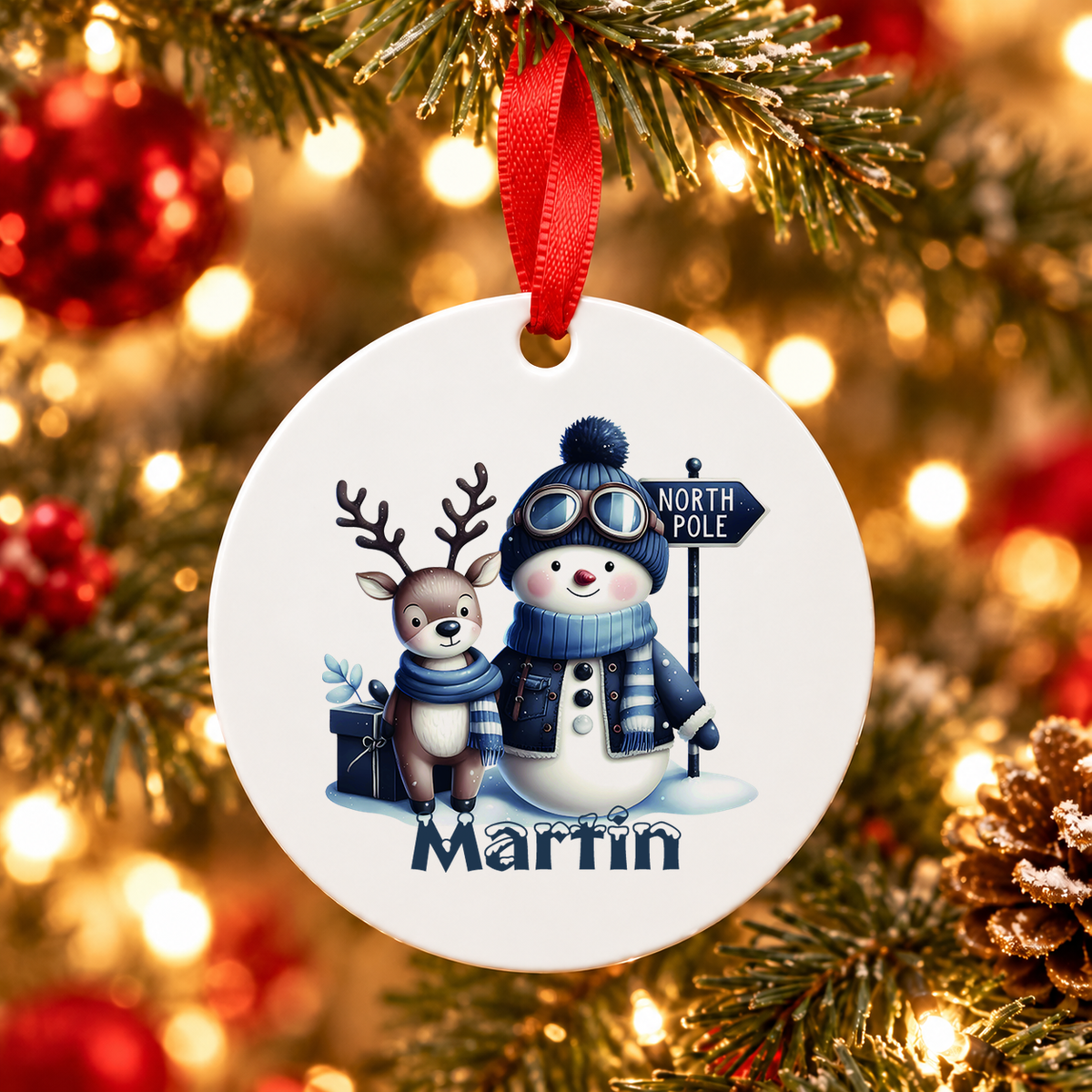 Weihnachtsanhänger personalisiert Schneemann 5 mit Wunschnamen – Rund, Stern, Herz oder Glocke