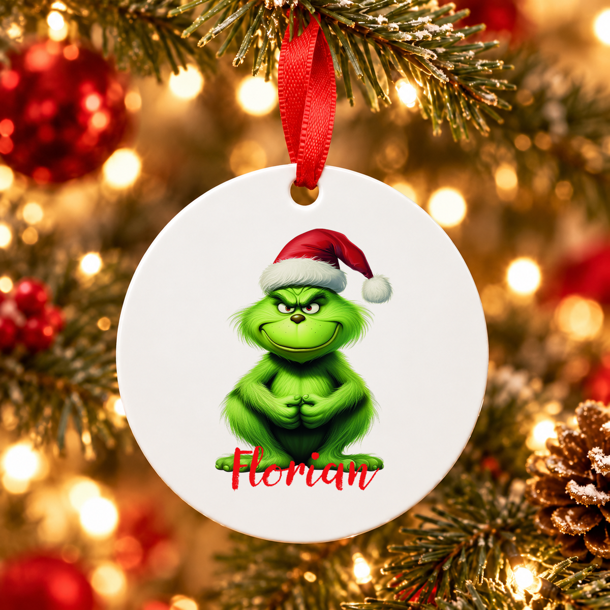 MUCKKI-PRO:4a234b61b25a37b81ed182706e8f61763efdcf3d1ebf6d5811b6e2099ff162b9:Weihnachtsanhänger personalisiert Grinch 5 mit Wunschnamen – Rund, Stern, Herz oder Glocke