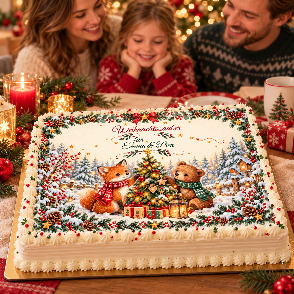 MUCKKI-PRO:8cf8b17268ae538b88b67e10774648c8341414b2b4da60759a82facd5e6bd3f5:Tortenaufleger Weihnachten Fuchs & Bär – personalisiert mit Wunschnamen – Eckig (28 x 20cm)