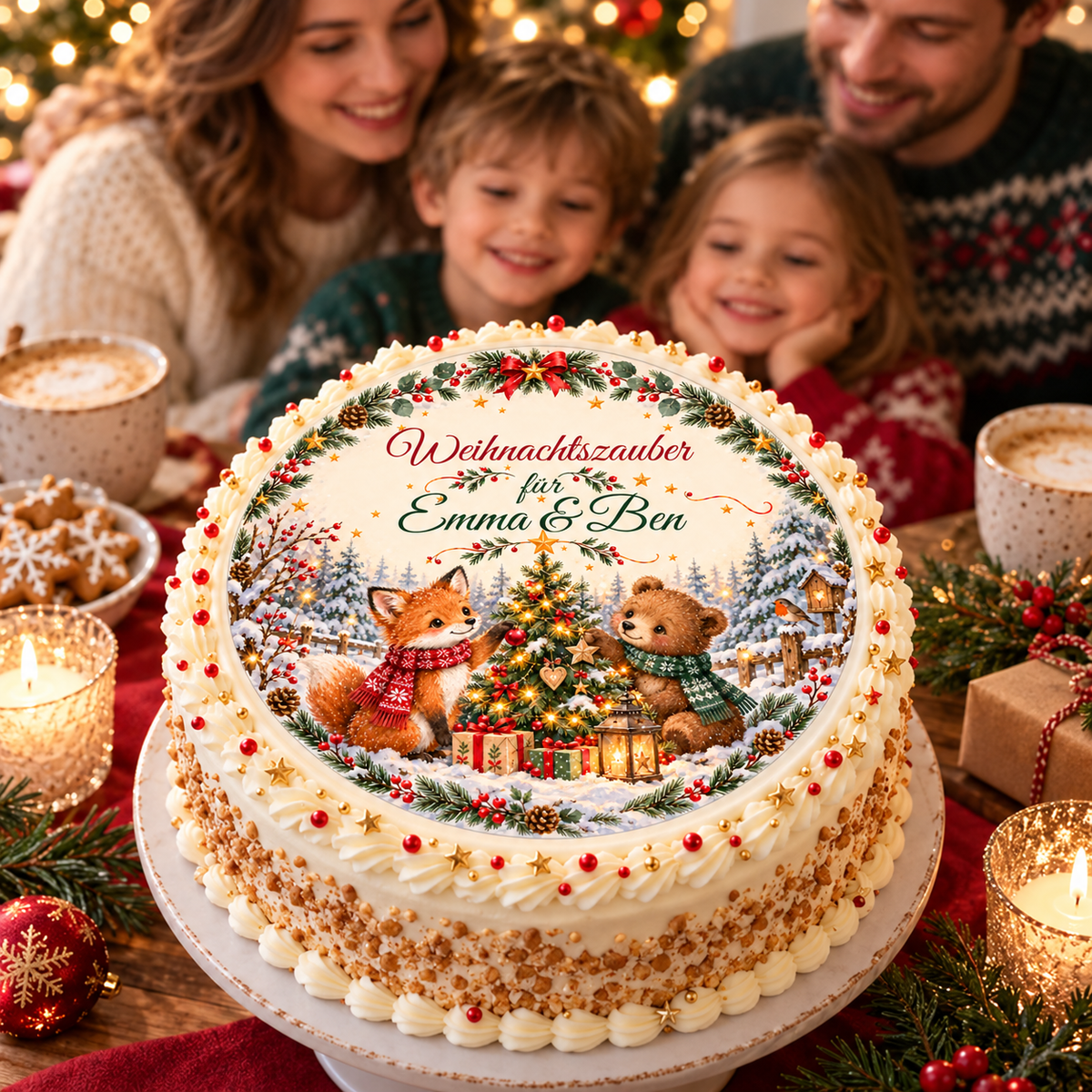 Tortenaufleger Weihnachten Fuchs & Bär – personalisiert mit Wunschnamen – versch. Formen