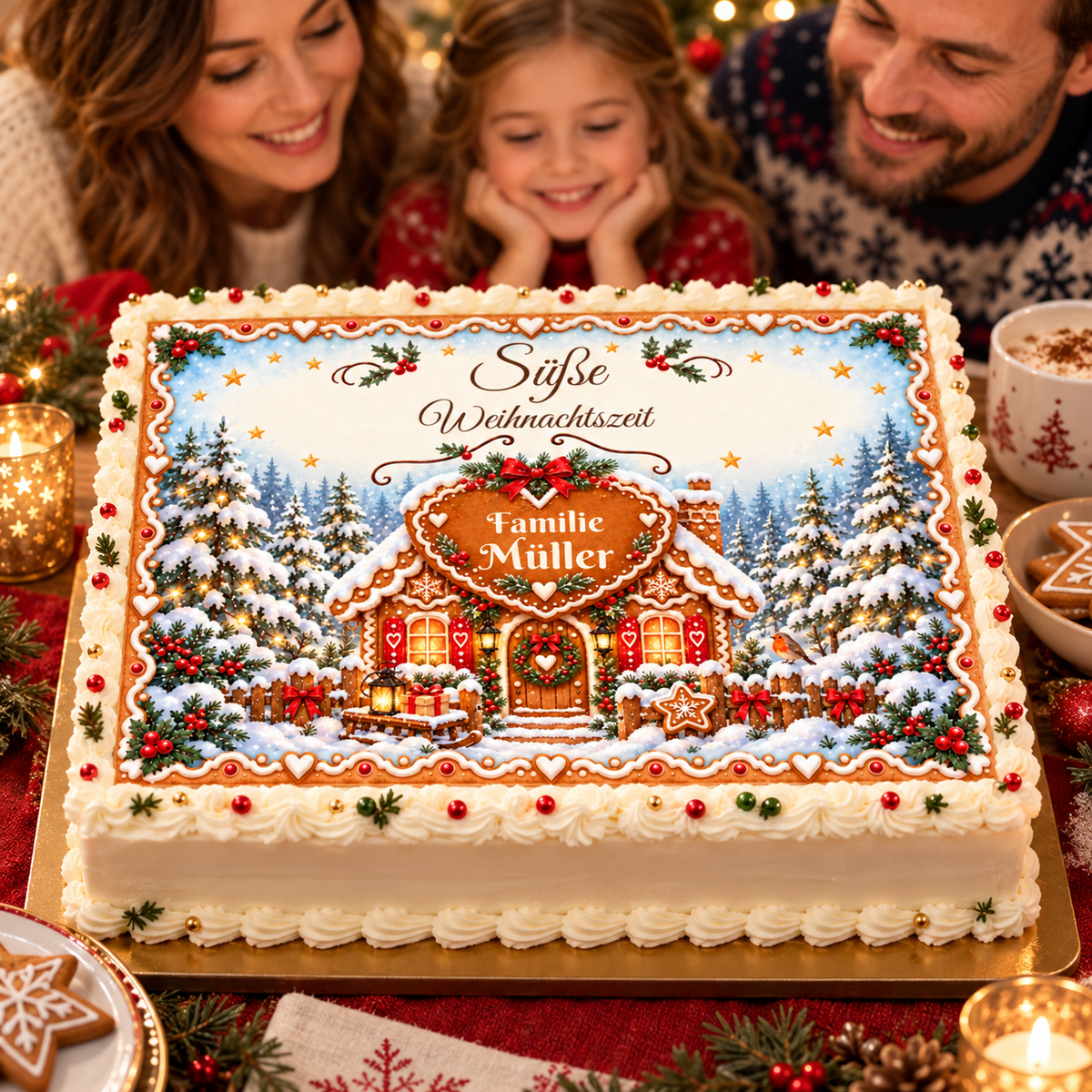 Tortenaufleger Weihnachten Lebkuchenhaus – personalisiert mit Familienname – versch. Formen