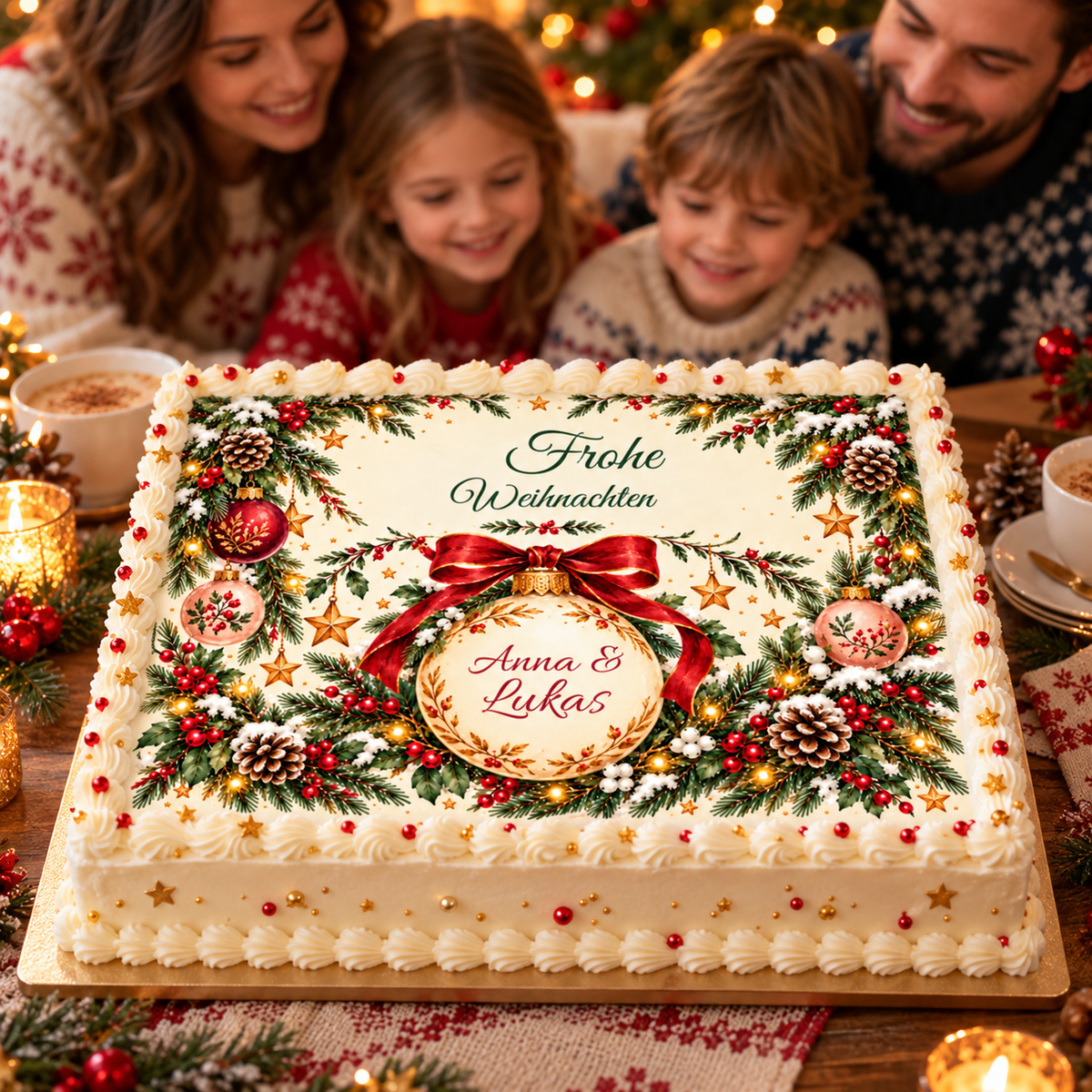 MUCKKI-PRO:fe536647c4aa2c4f19320fc4df490bd8e592d01fbc790205123a180c1dc7ff84:Tortenaufleger Weihnachten Weihnachtskugel – personalisiert mit Wunschnamen – Eckig (28 x 20cm)