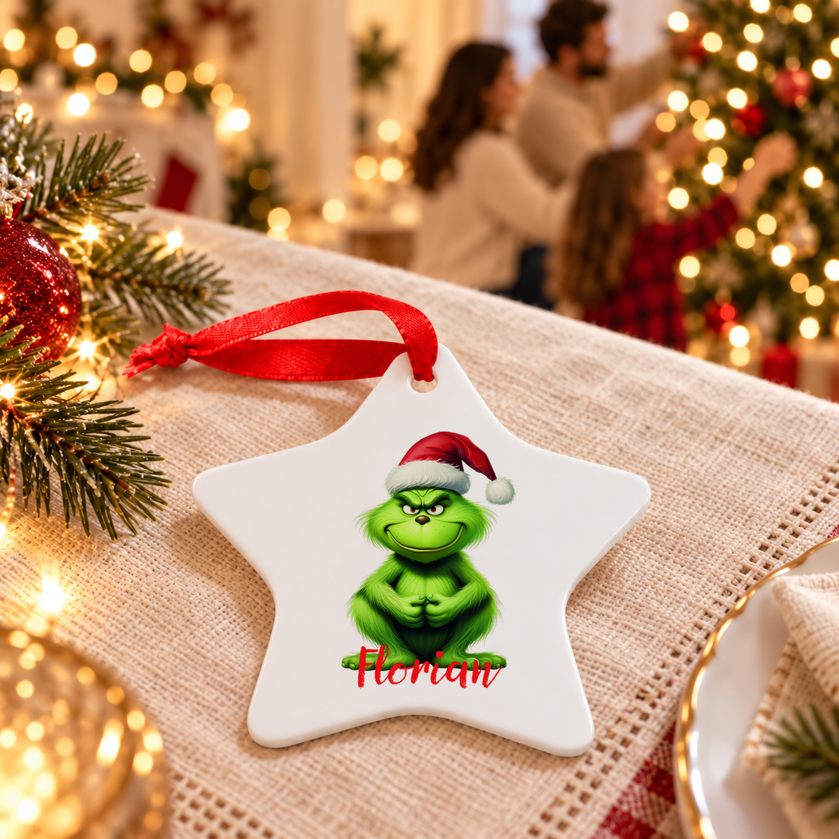 MUCKKI-PRO:66cfdd0611dc8abf707923b0c33621bbf33e06e631a22804b6d57b8da09c7afa:Weihnachtsanhänger personalisiert Grinch 5 mit Wunschnamen – Rund, Stern, Herz oder Glocke
