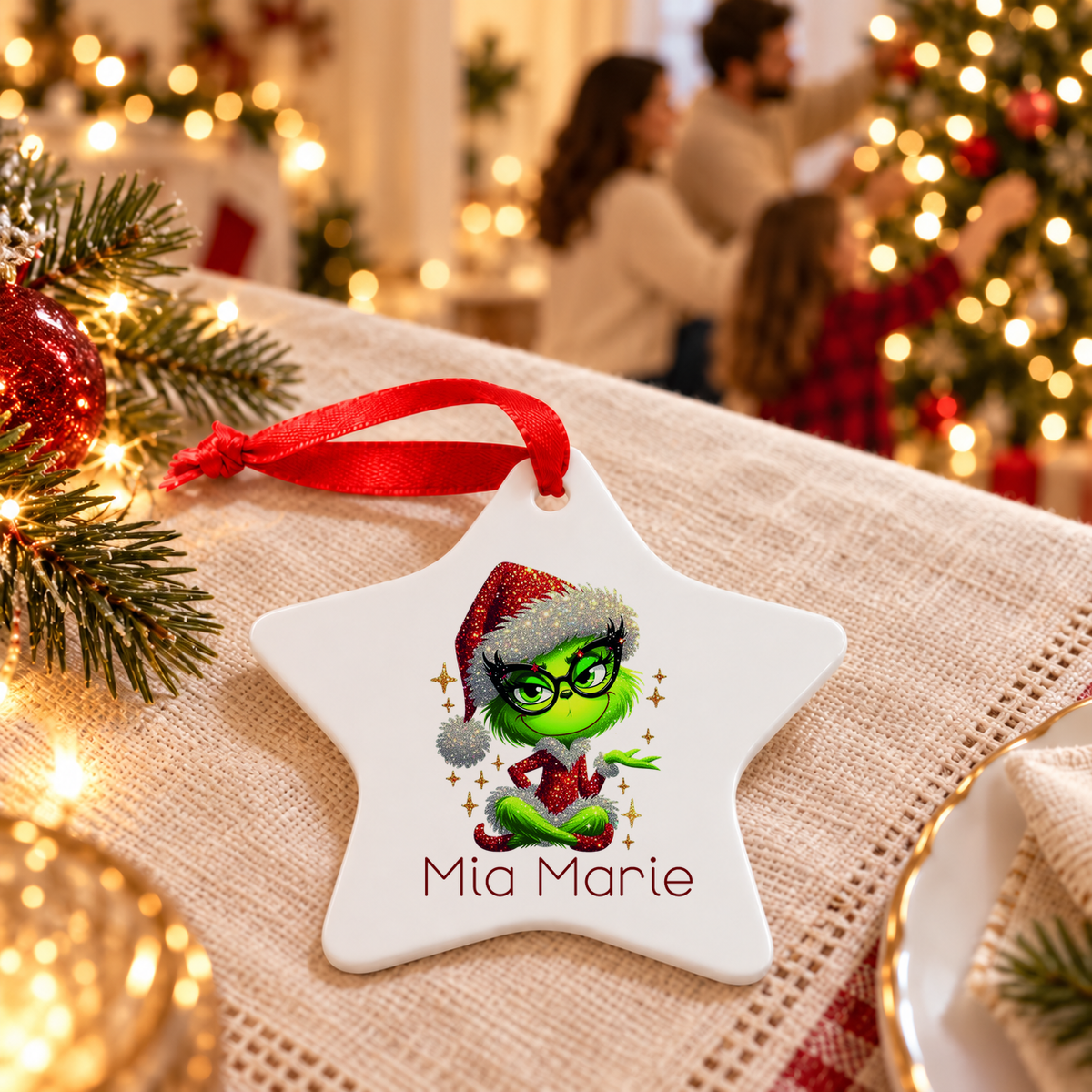 Weihnachtsanhänger personalisiert Lady-Grinch 4 mit Wunschnamen – Rund, Stern, Herz oder Glocke