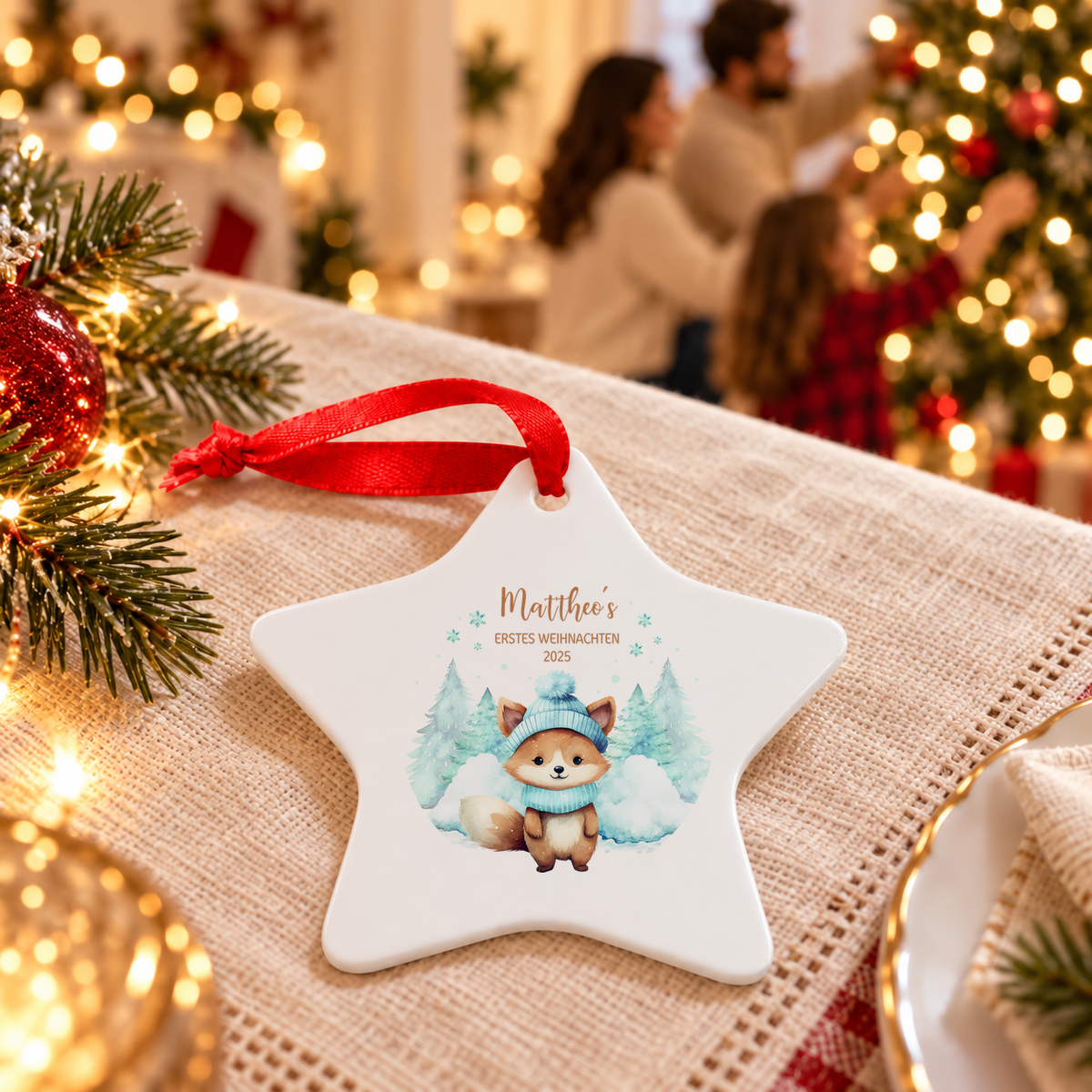 MUCKKI-PRO:71016ca670dc8056e289125e46692d9bee8ad4beeac269dc8d073ed351431ca0:Weihnachtsanhänger personalisiert Fuchs – mein erstes Weihnachten mit Wunschnamen – Rund, Stern, Herz oder Glocke