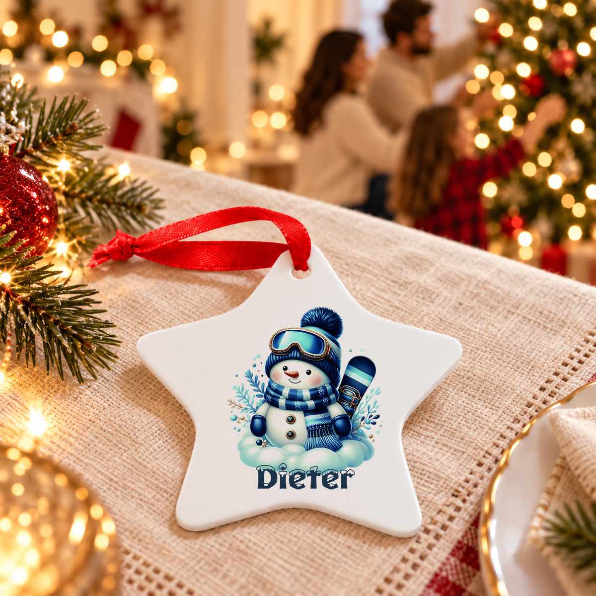 MUCKKI-PRO:693138c35271b3abaa9cef58ec0d6dd1cb919dcee136fc9029c66b9cb460729e:Weihnachtsanhänger personalisiert Schneemann 6 mit Wunschnamen – Rund, Stern, Herz oder Glocke