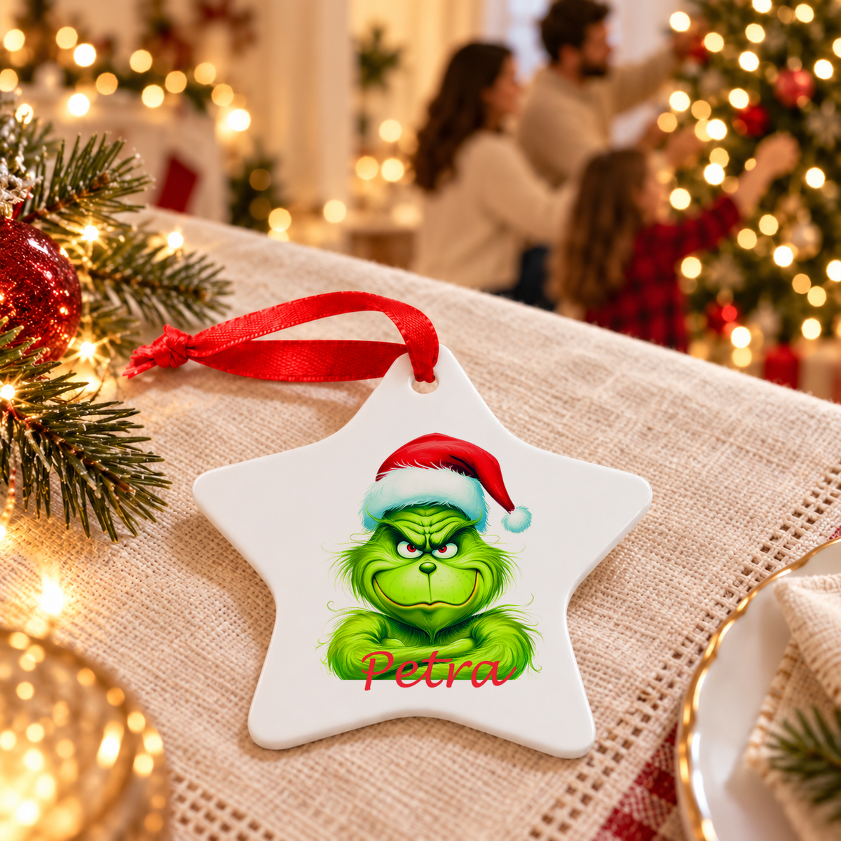 Weihnachtsanhänger personalisiert Grinch 2 mit Wunschnamen – Rund, Stern, Herz oder Glocke