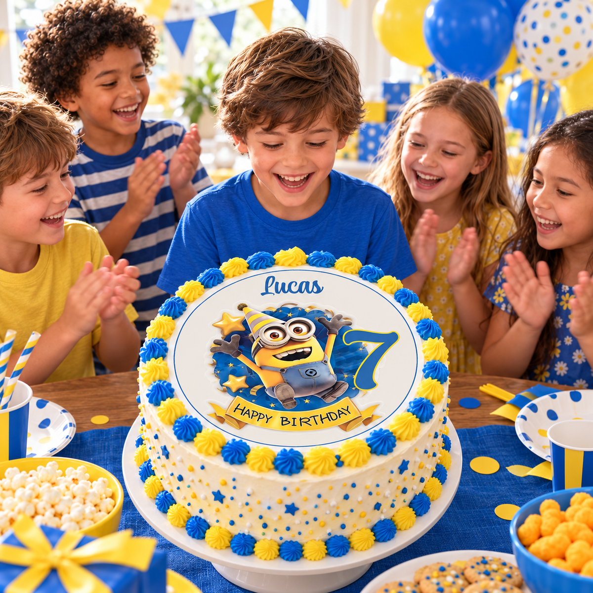 MUCKKI-PRO:98bc08c54d0de2e68d70adb981fae22f5dc61c9730de0a68f636608ee0ed3a5e:Tortenaufleger Geburtstag Minions 3 – Magische Kuchendekoration für Kindergeburtstage