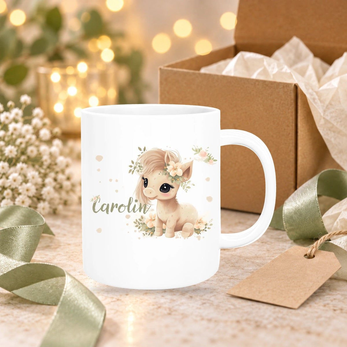 Tasse Pferd 5 Wunschname Keramik Kinderbecher personalisiert versch. Farben