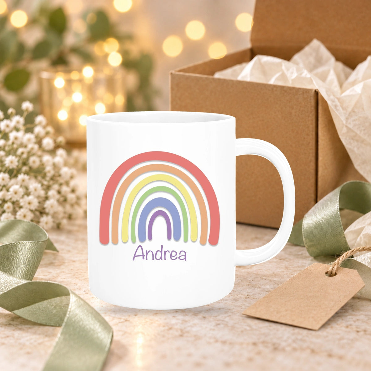 MUCKKI-PRO:26974f415bb376c95043b5d56e1e7566225f455b01151e3ed92d22c2e4c9ab6d:Tasse Wunschname Regenbogen 1 Keramik Kinderbecher versch. Farben