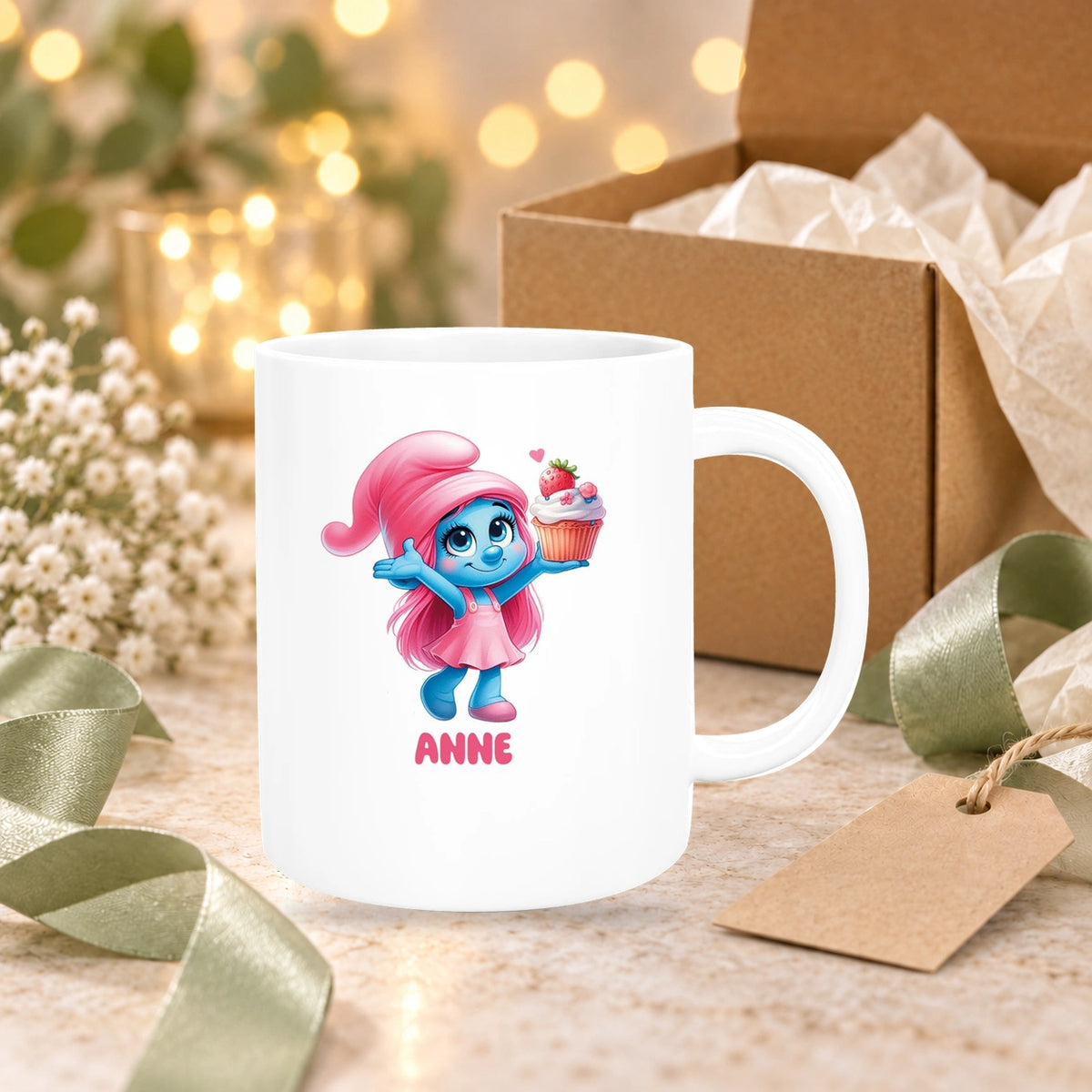 Tasse Kinder Schlumpf 2 mit Muffin Wunschname Keramik Kinderbecher personalisiert versch. Farben