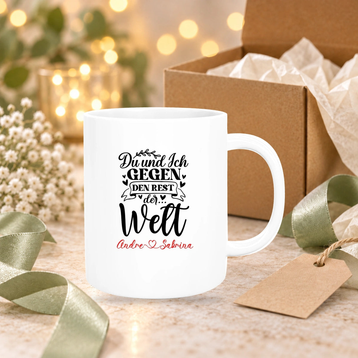Tasse Liebe - Spruch "Du und Ich, gegen den Rest der Welt" Valentinstag Wunschnamen Keramik personalisiert versch. Farben