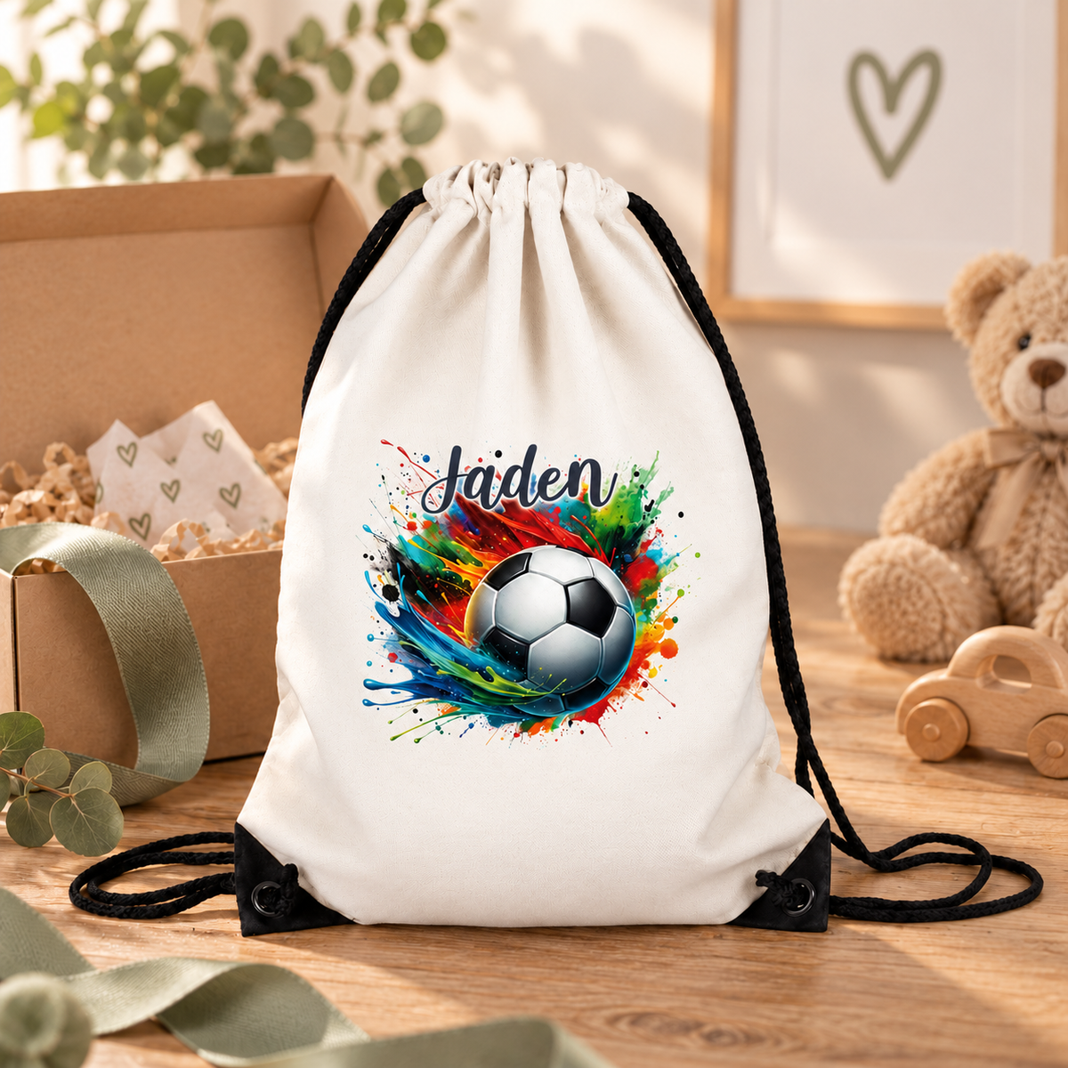 MUCKKI-PRO:2d3a4a5c670be4d369fcb755eb64559e41479fb2c37fedbb055c7c7354a732a0:Turnbeutel Fußball 11 mit Wunschname personalisiert – 36 × 43 cm