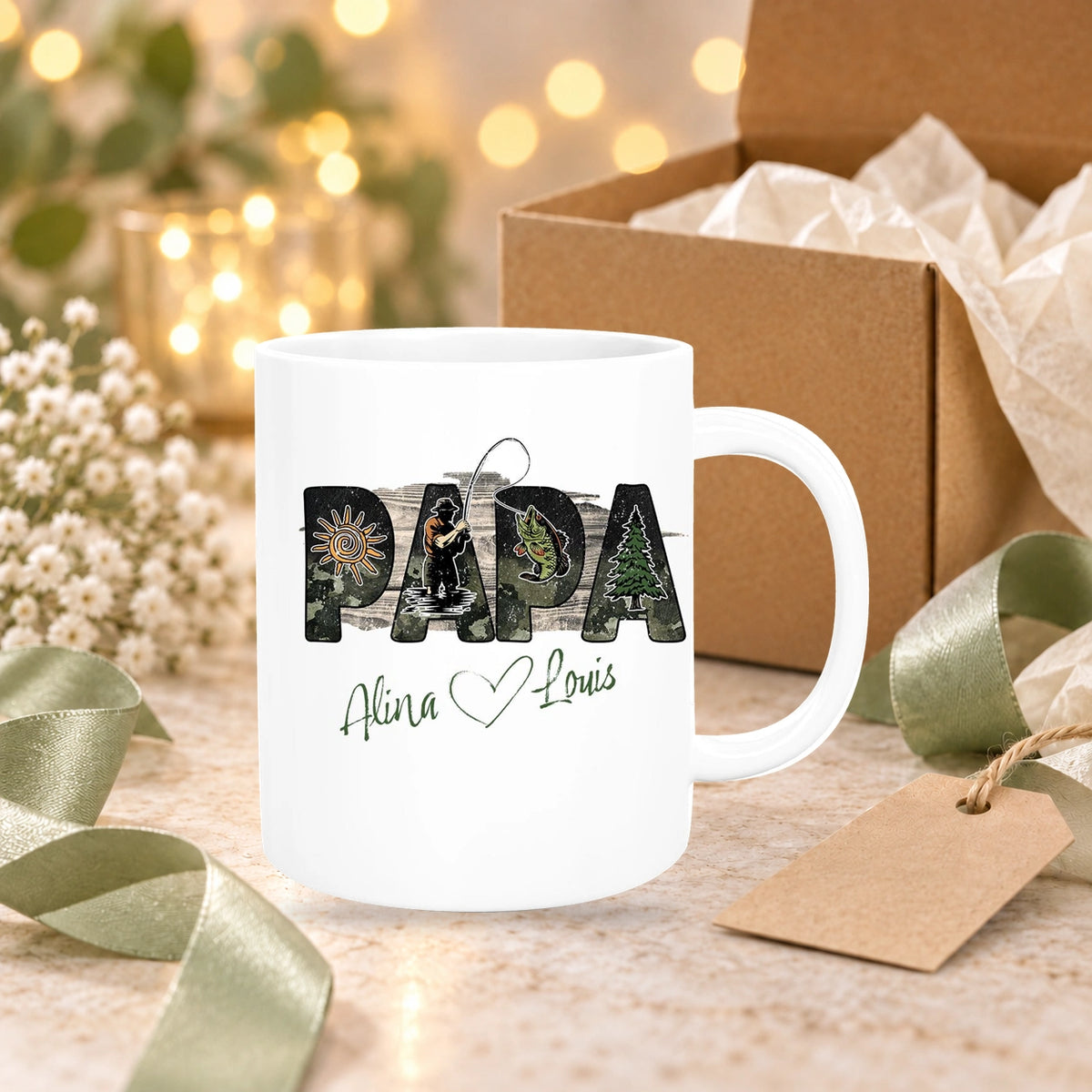 Tasse Vatertag 6 "Angler" Wunschnamen Keramik Personalisiert versch. Farben