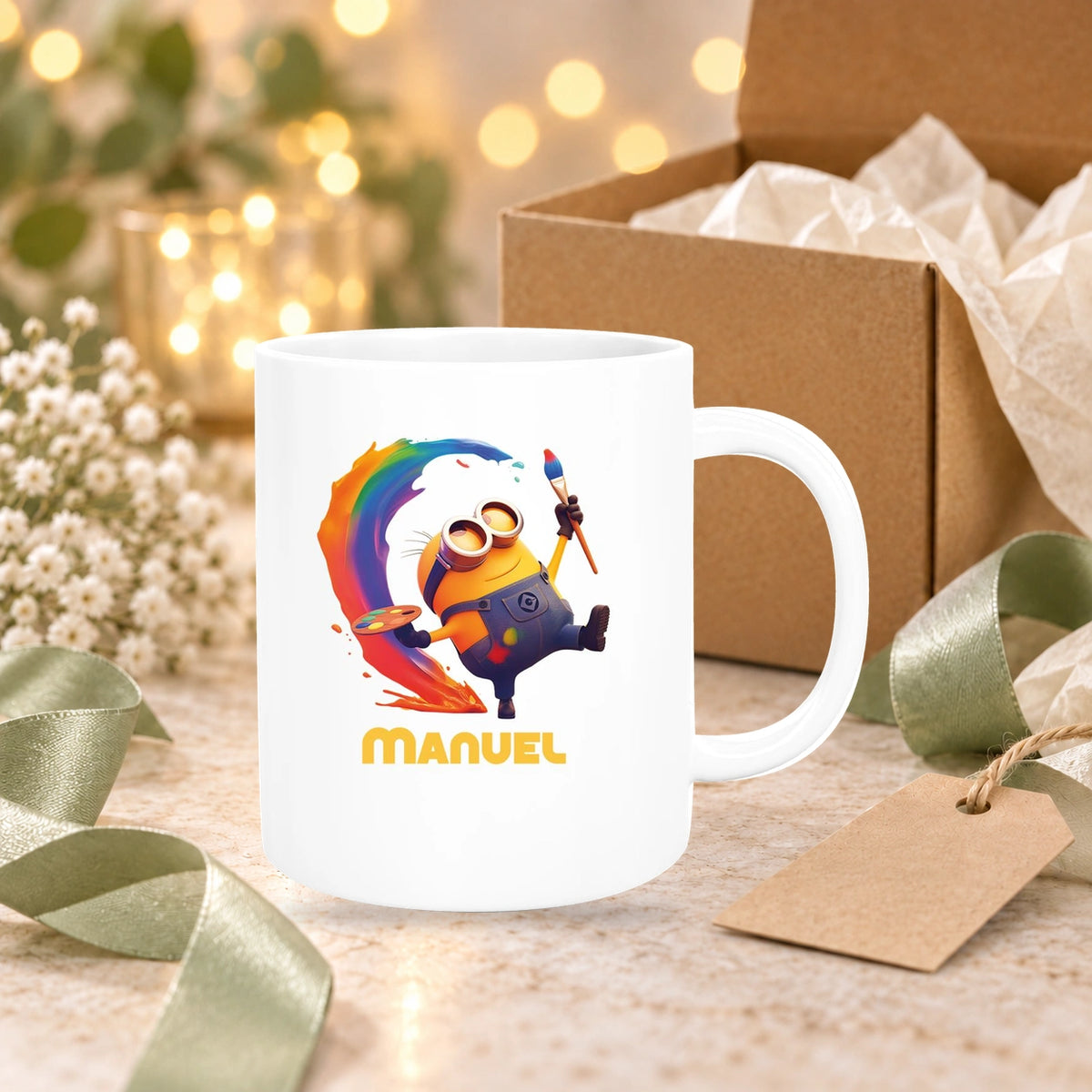 MUCKKI-PRO:7d53ed3825c0b4d159ab60d4e2dd985c1b84fcf41a28a477b2c21c3d0cd493e5:Tasse Minions Kinder Minion 4 Maler Wunschname Keramik Kinderbecher personalisiert versch. Farben