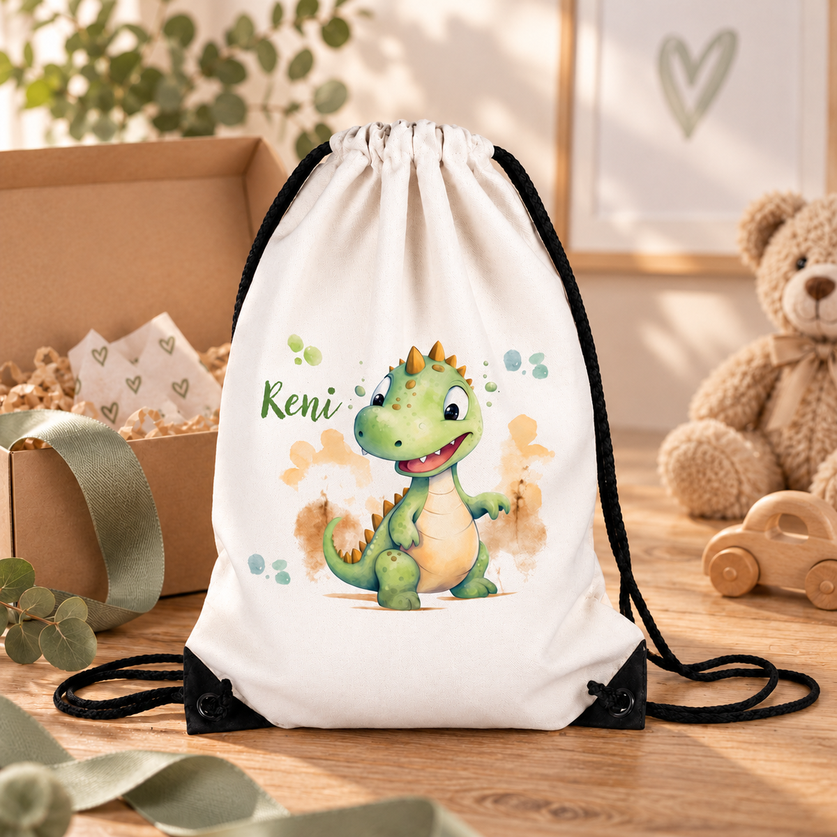 MUCKKI-PRO:20859d3b3bd5f483dfda43e81fb6b7b94930eb7465a2f40eeddc666f0b2039cf:Turnbeutel Dino 3 mit Wunschname personalisiert