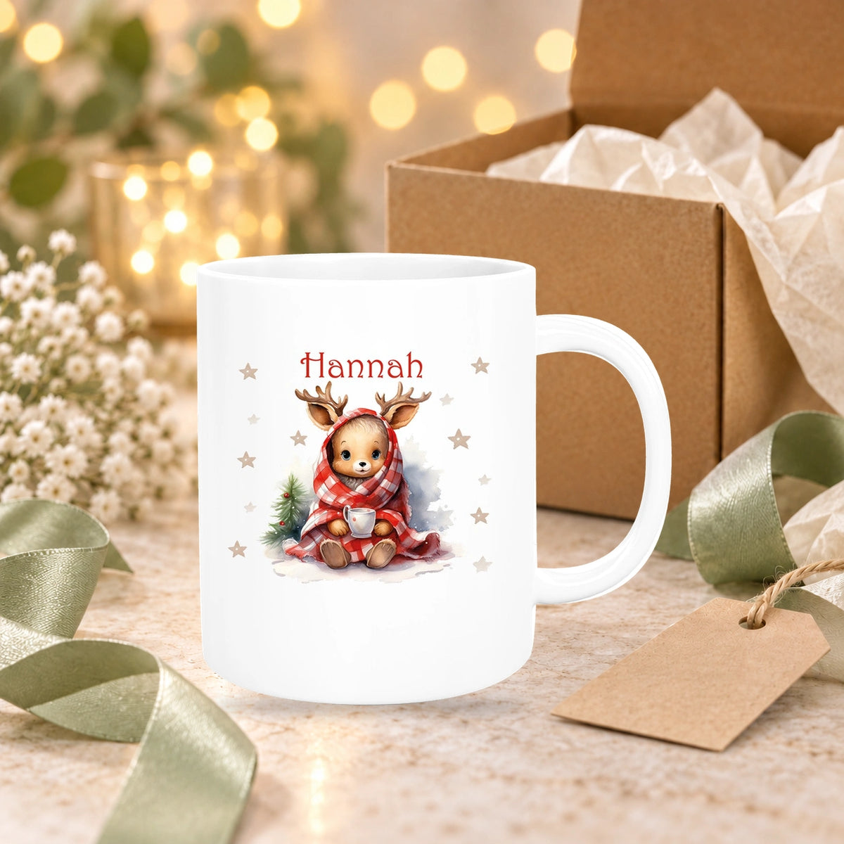 Tasse Wunschname Weihnachten Rehlein 1 Keramik Kinderbecher versch. Farben