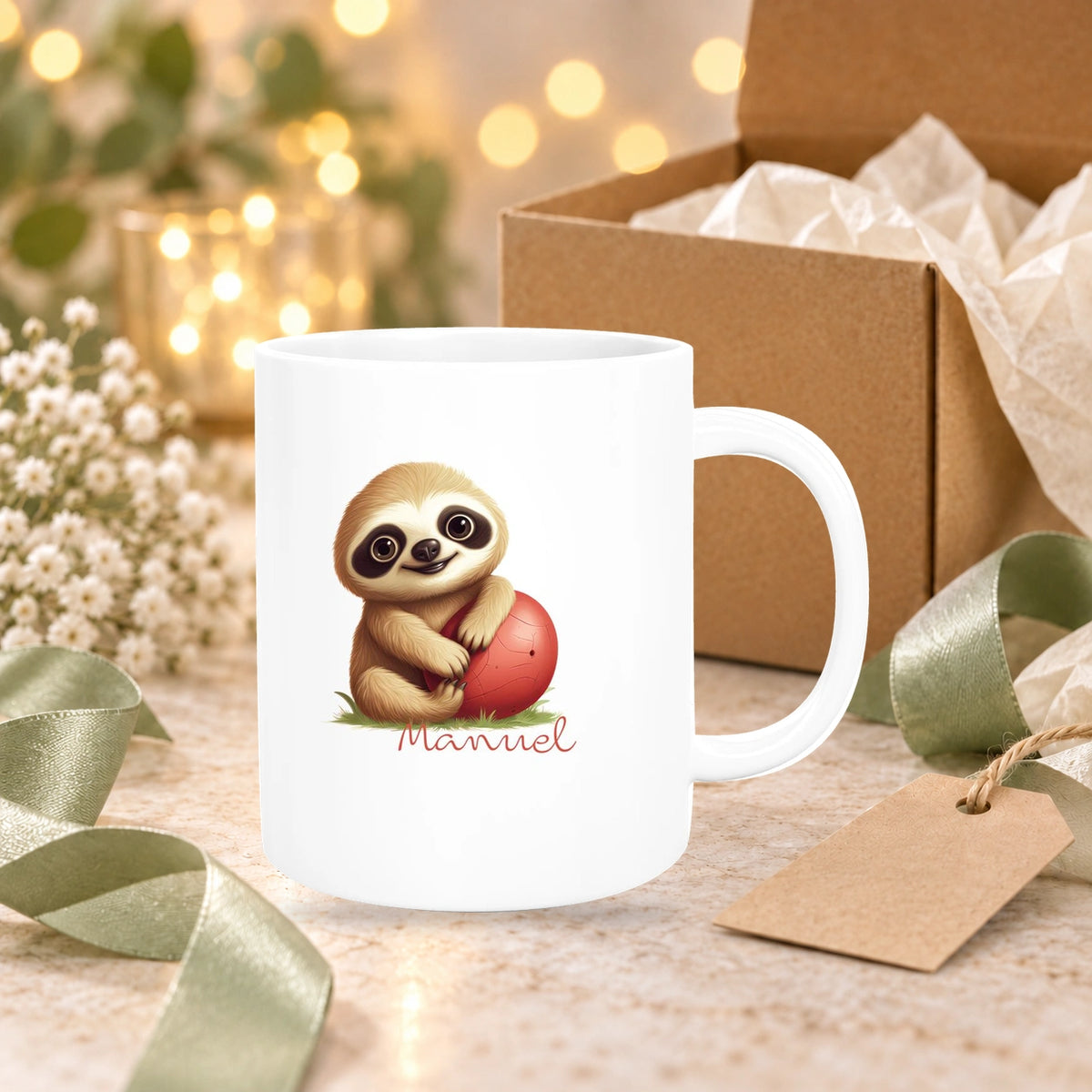 Tasse Wunschname Faultier-Ball Keramik Kinderbecher Personalisiert versch. Farben