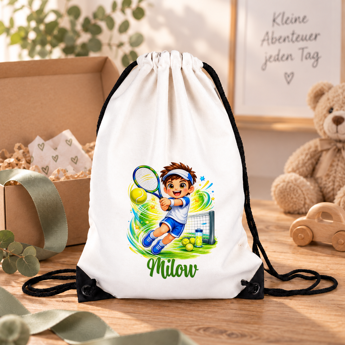 MUCKKI-PRO:cf9f539f63b011c6869450504773821f1e992dcc9d52467a1e1bd67df42f7354:Turnbeutel Tennis 1 mit Wunschname personalisiert