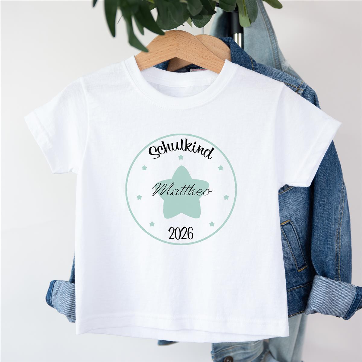 T-Shirt Schulkind-Stern 1 Türkis Personalisiert mit Namen Kinder