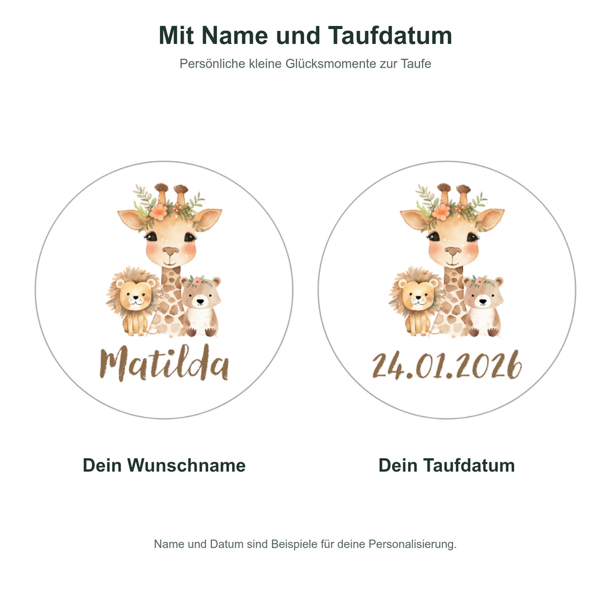 MUCKKI-PRO:71d9646a52583f8f8b3688eb8fa7610ec60fe31acad11b43f536ca23932e2f24:Muffinaufleger Taufe Safari 1 – 4 cm (20 Stück) oder 6 cm (12 Stück) mit Name und Taufdatum