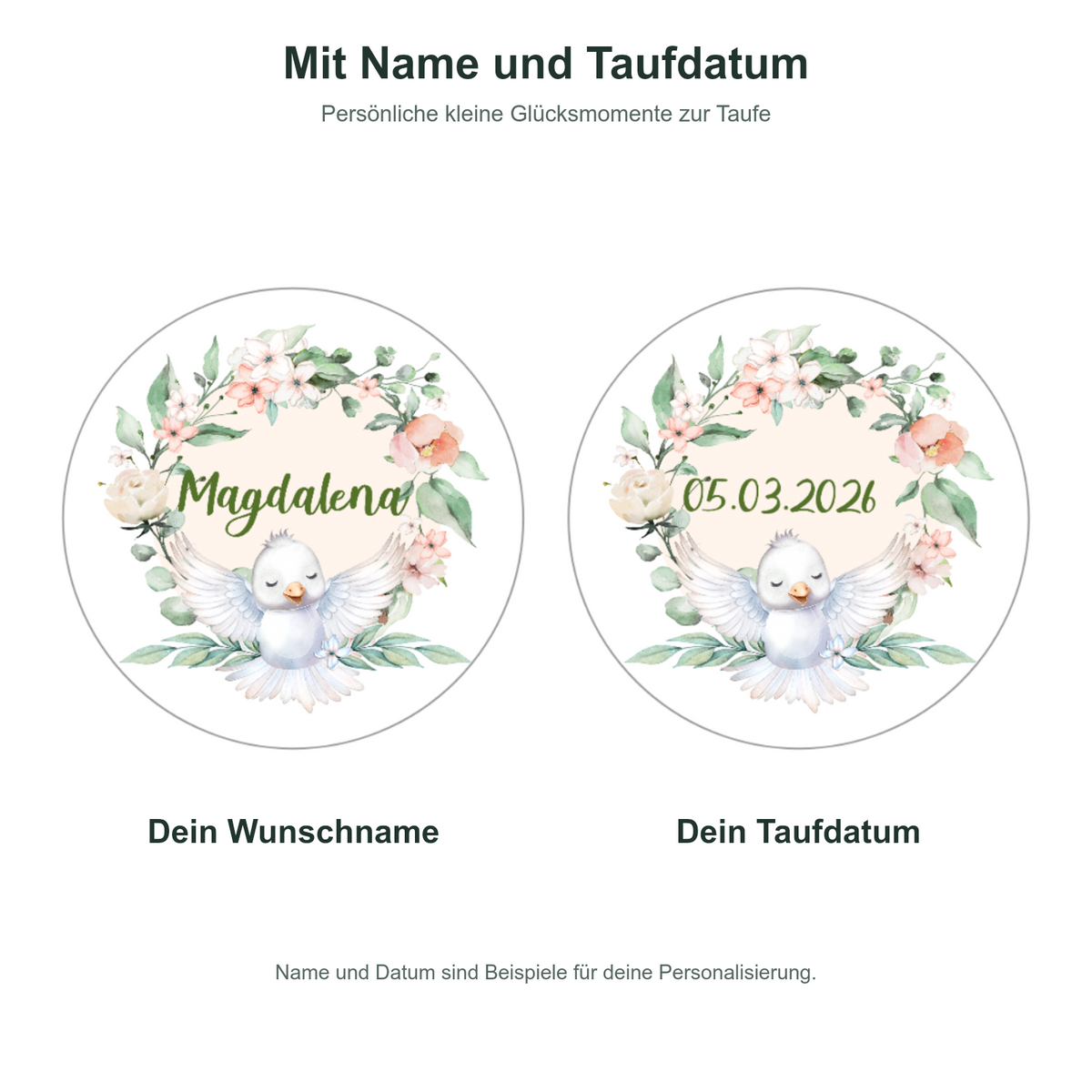 MUCKKI-PRO:32d6c8863a1a942512cdbb32acc2ef470b50cdde275fdad004c4f78ebc5e07a9:Muffinaufleger Taufe Vogel 1 – 4 cm (20 Stück) oder 6 cm (12 Stück) mit Name und Taufdatum