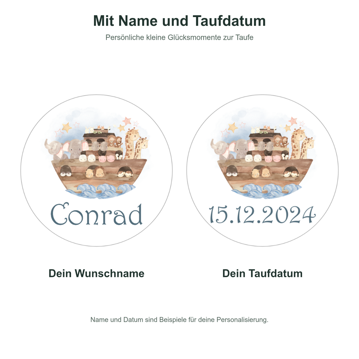 MUCKKI-PRO:ad35d57f44404fa834a76be2a0149c398b3d21090f708597fa552b0c633feb1f:Muffinaufleger Taufe Arche Noah 1 – 12 Stück à 6 cm mit Name und Taufdatum