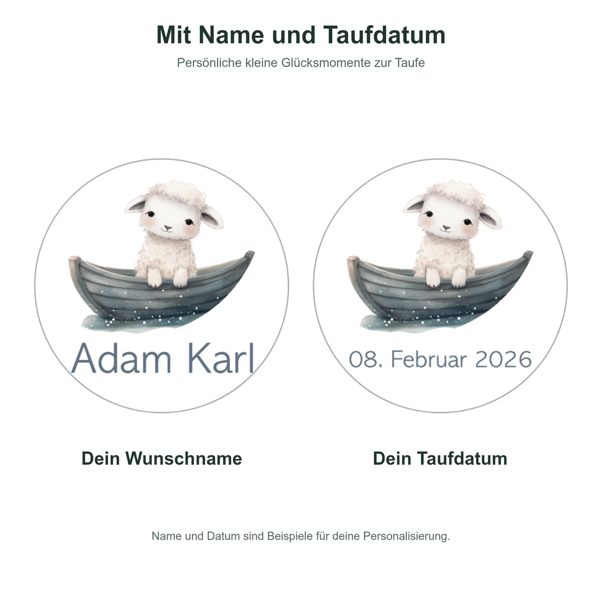 MUCKKI-PRO:066b0dfbddd7c3845de6f89b92d8a245b015a02c44142919985007d6483b17ae:Muffinaufleger Taufe Schaf 1 – 4 cm (20 Stück) oder 6 cm (12 Stück) mit Name und Taufdatum