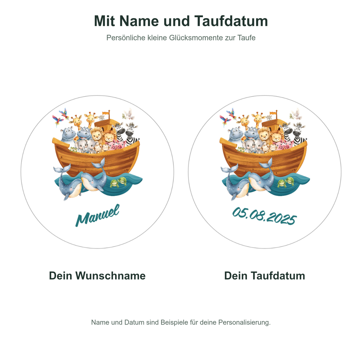 MUCKKI-PRO:cd788f668368f754003617dd50b78624372f8188b83d5437d71ecd1a45bb27e6:Muffinaufleger Taufe Arche Noah 2 – 12 Stück à 6 cm mit Name und Taufdatum