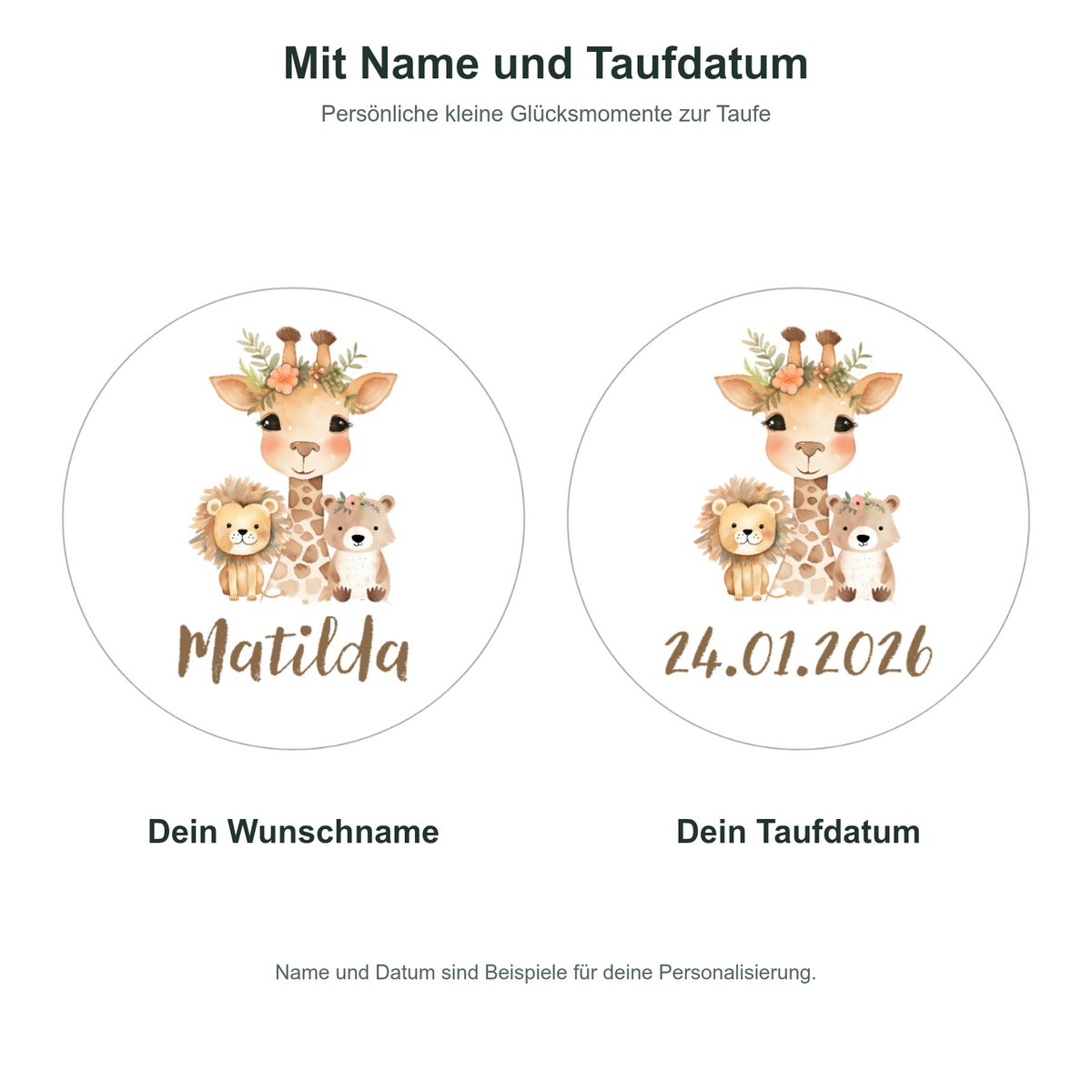 MUCKKI-PRO:f62b6c6f6eba672b761edf0562e7ffd6dd79c543064d266c51c7b67e5c98cdba:Muffinaufleger Taufe Safari 1 – 12 Stück à 6 cm mit Name und Taufdatum