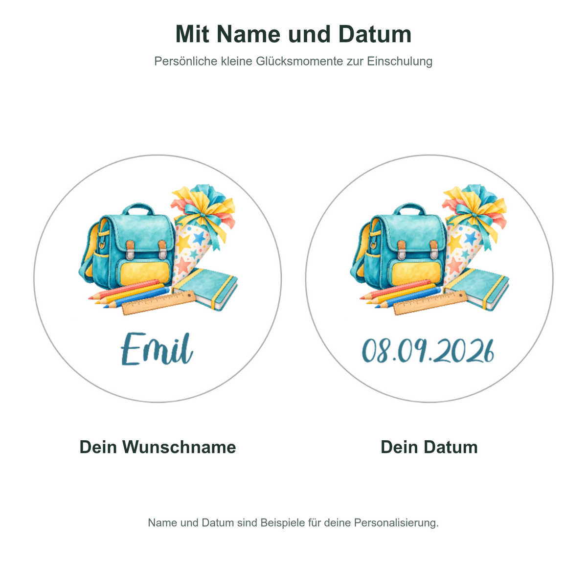 MUCKKI-PRO:26fa05e41a1ff6860d468d6437240ce0433c596e6a54d880ad7b679527a3aa5a:Muffinaufleger Schulanfang 1 mit Kind und Fuchs, Wunschname & Jahr – 4 cm (20 Stück) oder 6 cm (12 Stück)