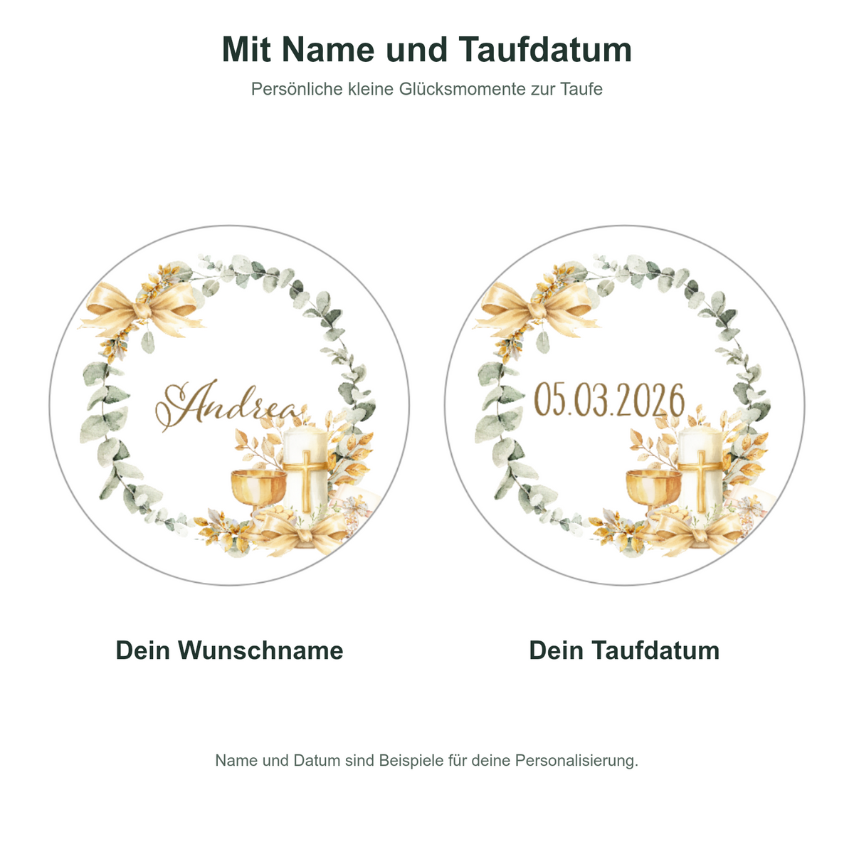 MUCKKI-PRO:7c46ac8de872d0876c1658df60f3d32adb5e0974ccfde14abf60d42325270806:Muffinaufleger Taufe Eukalyptus 2 – 4 cm (20 Stück) oder 6 cm (12 Stück) mit Name und Taufdatum
