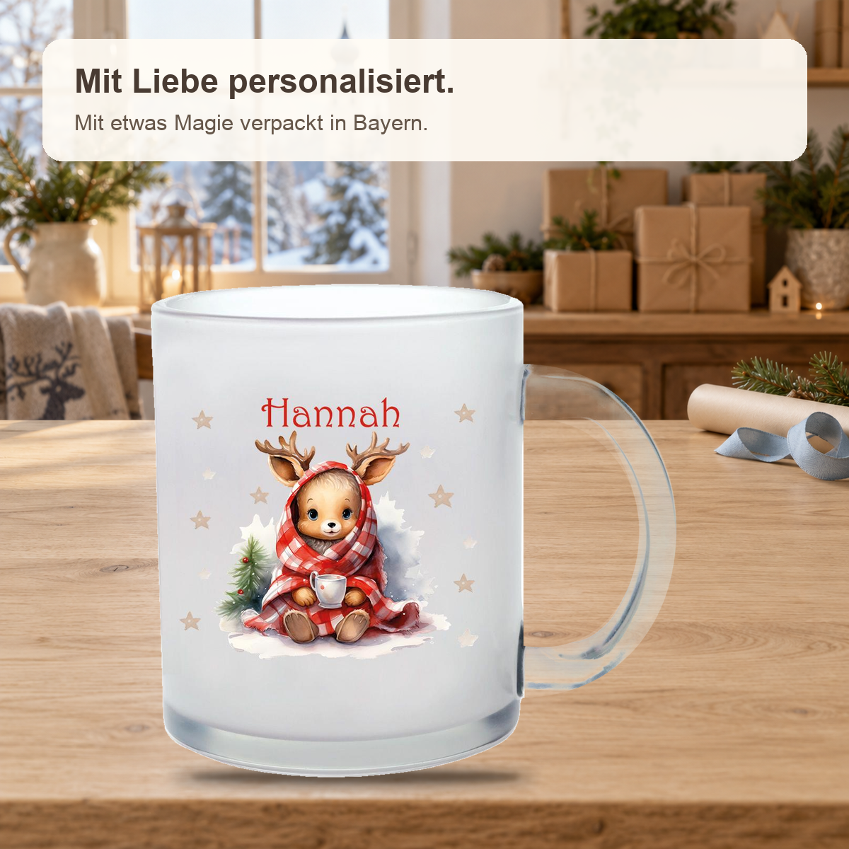 MUCKKI-PRO:cad4bfe696ff32224a07902de3f765bced993299059df192c877e771b4fede8d:Milchglastasse Wunschname Weihnachten Rehlein 1 Glas Kinderbecher