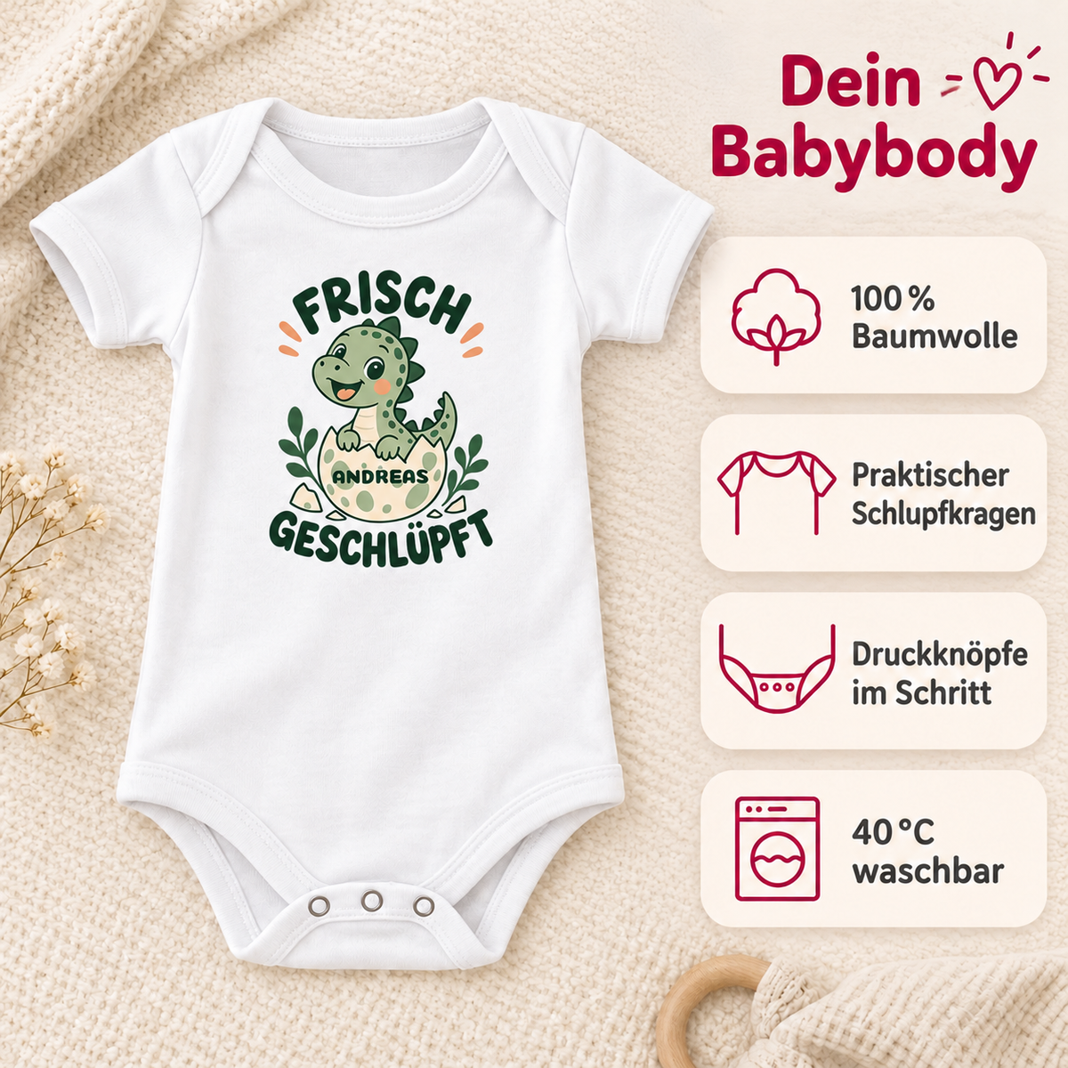 Personalisierter Babybody „Frisch Geschlüpft“ mit deinem Wunschnamen – 03/06M (60/67)