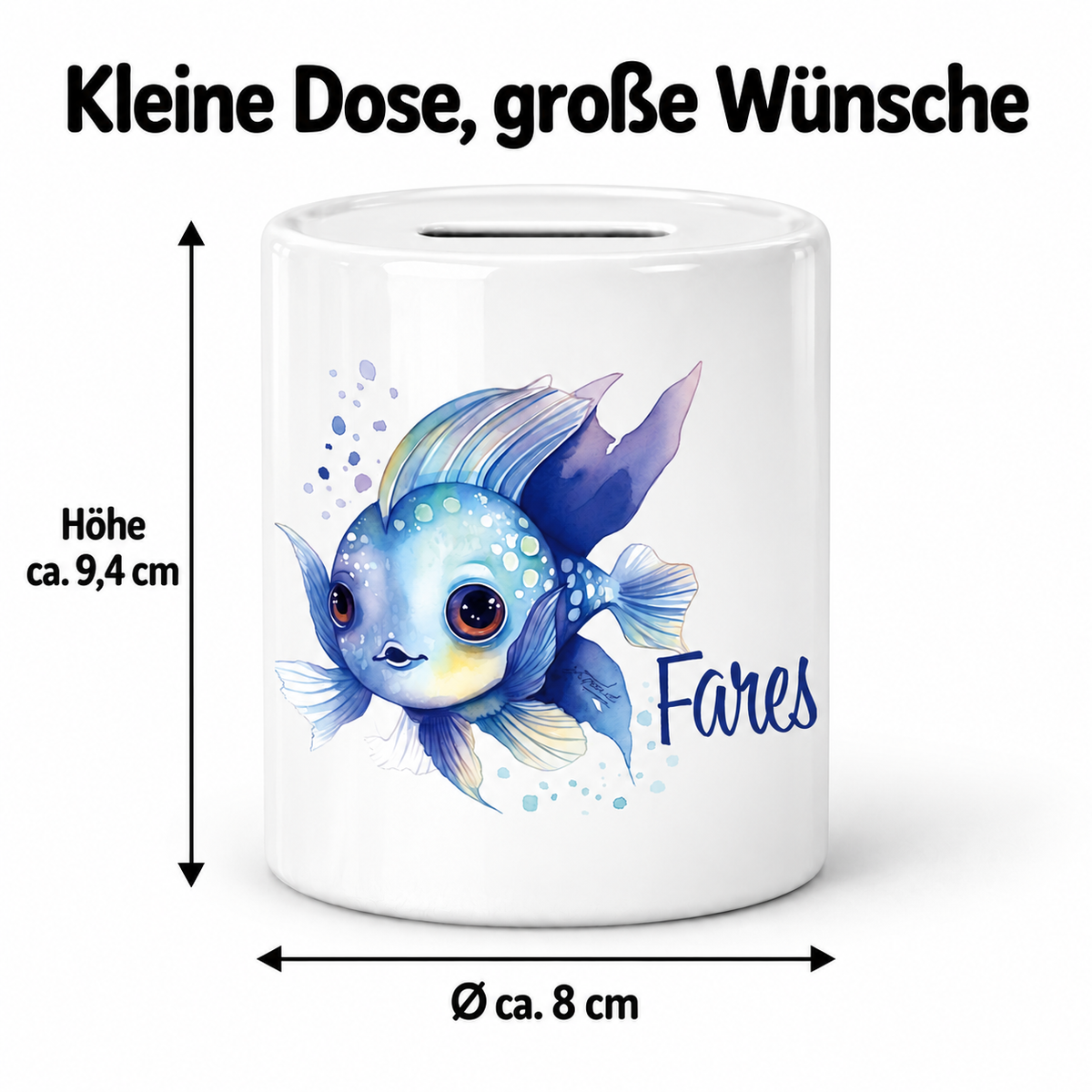 MUCKKI-PRO:132903027650dacecc151ef01038d3205c0f32dcdc4b87353fa1f9e2431acf9d:Spardose mit Wunschname Meerestiere Fisch 2 personalisiert