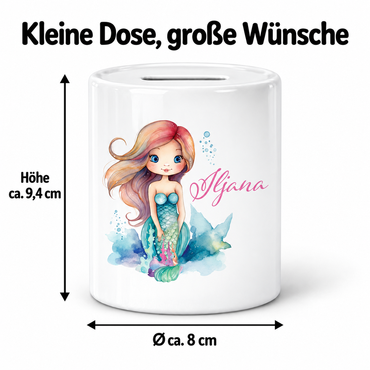MUCKKI-PRO:27929547a506cb7efdb60d34c10e6889bab667c0fe3c95ea1ea4141424287995:Spardose mit Wunschname Meerjungfrau 2 personalisiert