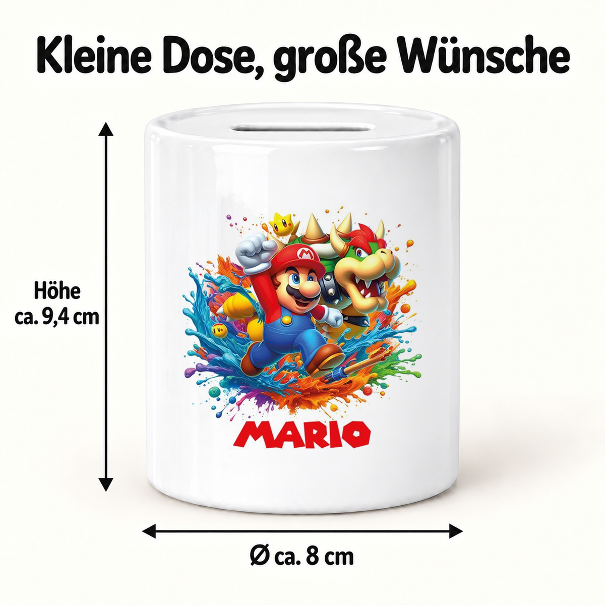 MUCKKI-PRO:4289b669b27407c82276efce5fe7f18aca0ee017bddb20262a1387b7060382f2:Spardose Super Mario 5 Wunschname personalisiert