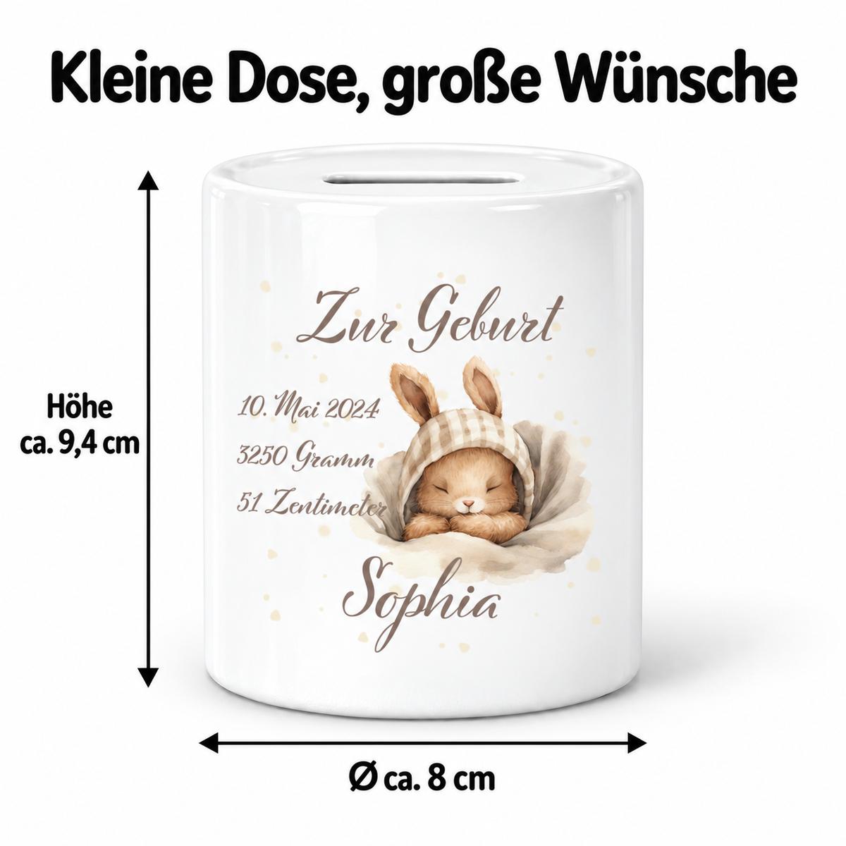 MUCKKI-PRO:38b880b0fbac502833c51adf9bb178c4420bc40b03bd5730f98079f85c608491:Spardose mit Wunschname Geburt Hase 1 personalisiert