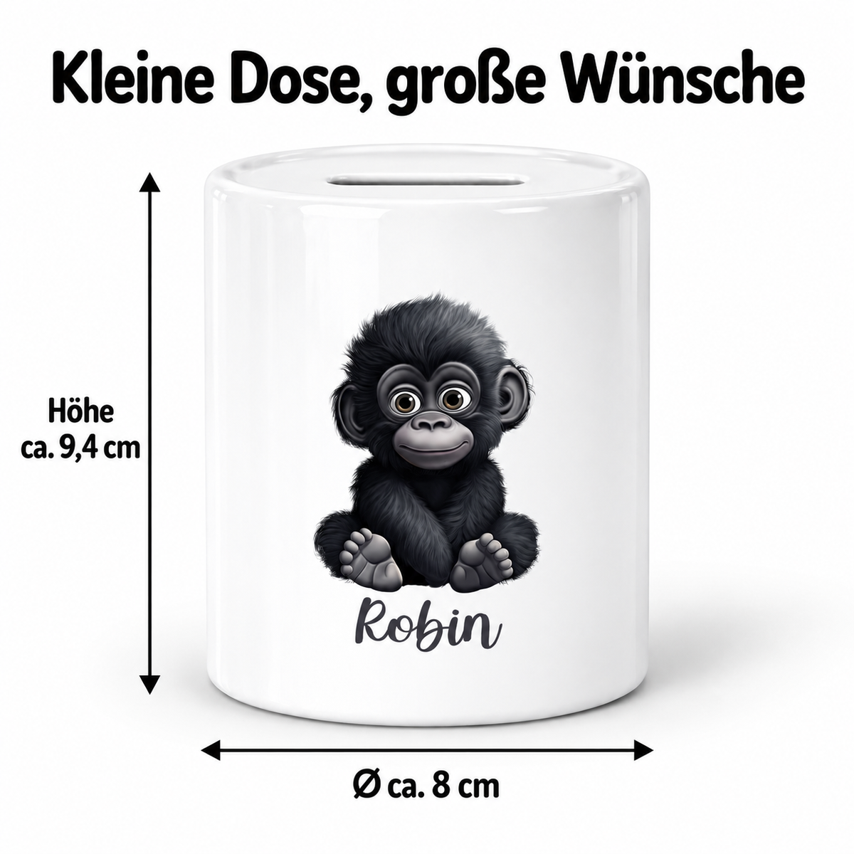 MUCKKI-PRO:ac063605df33c52aa6193952a713a72d110d8dae28cbeb9b886a296f58db78e0:Spardose mit Wunschname Gorilla 1 personalisiert