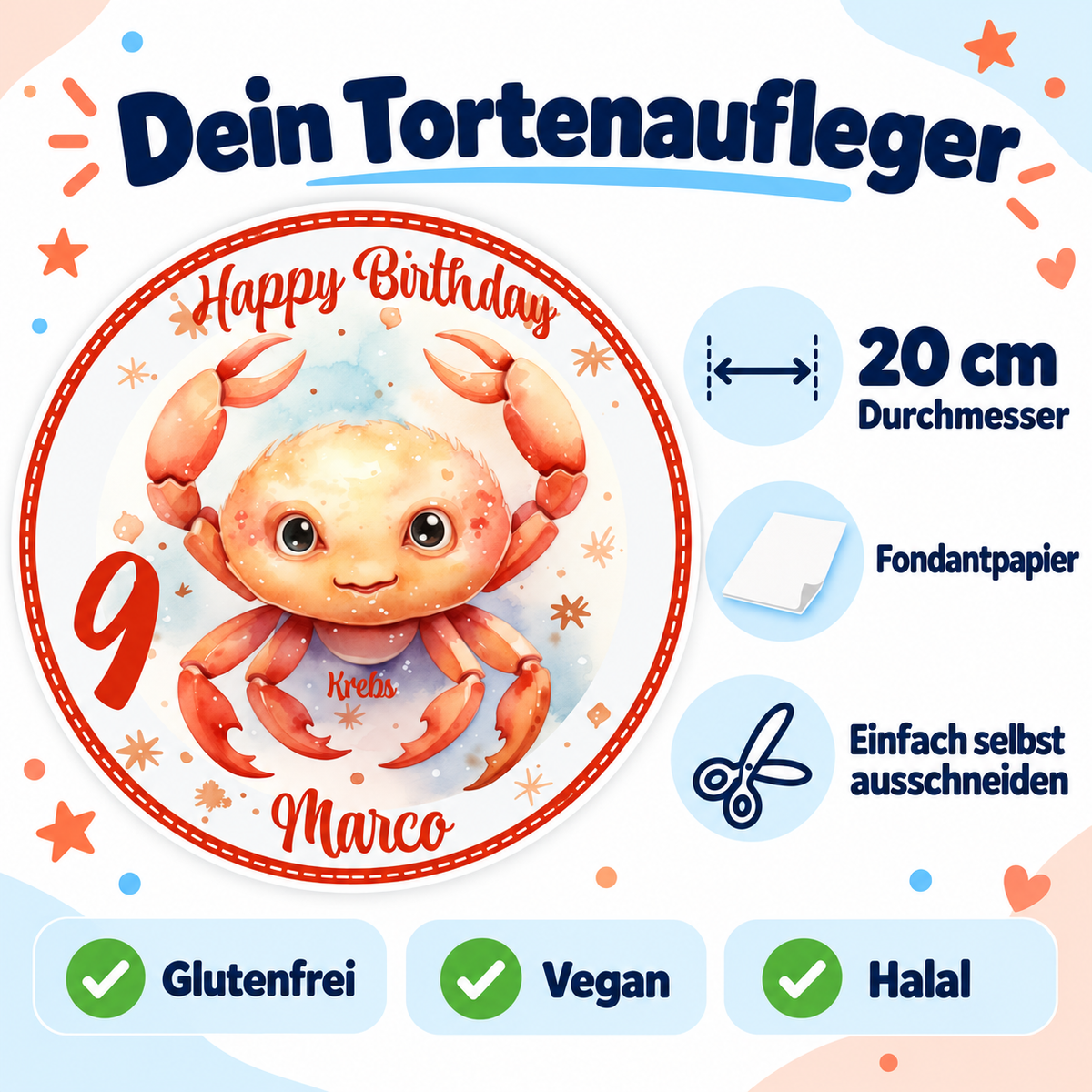 MUCKKI-PRO:032b14e497aa28054d40b77a52412c2839982032f95eccc92b2ca503d0e4c258:Tortenaufleger Geburtstag Sternzeichen Krebs 1 Name & Zahl (20cm) Fondant Papier
