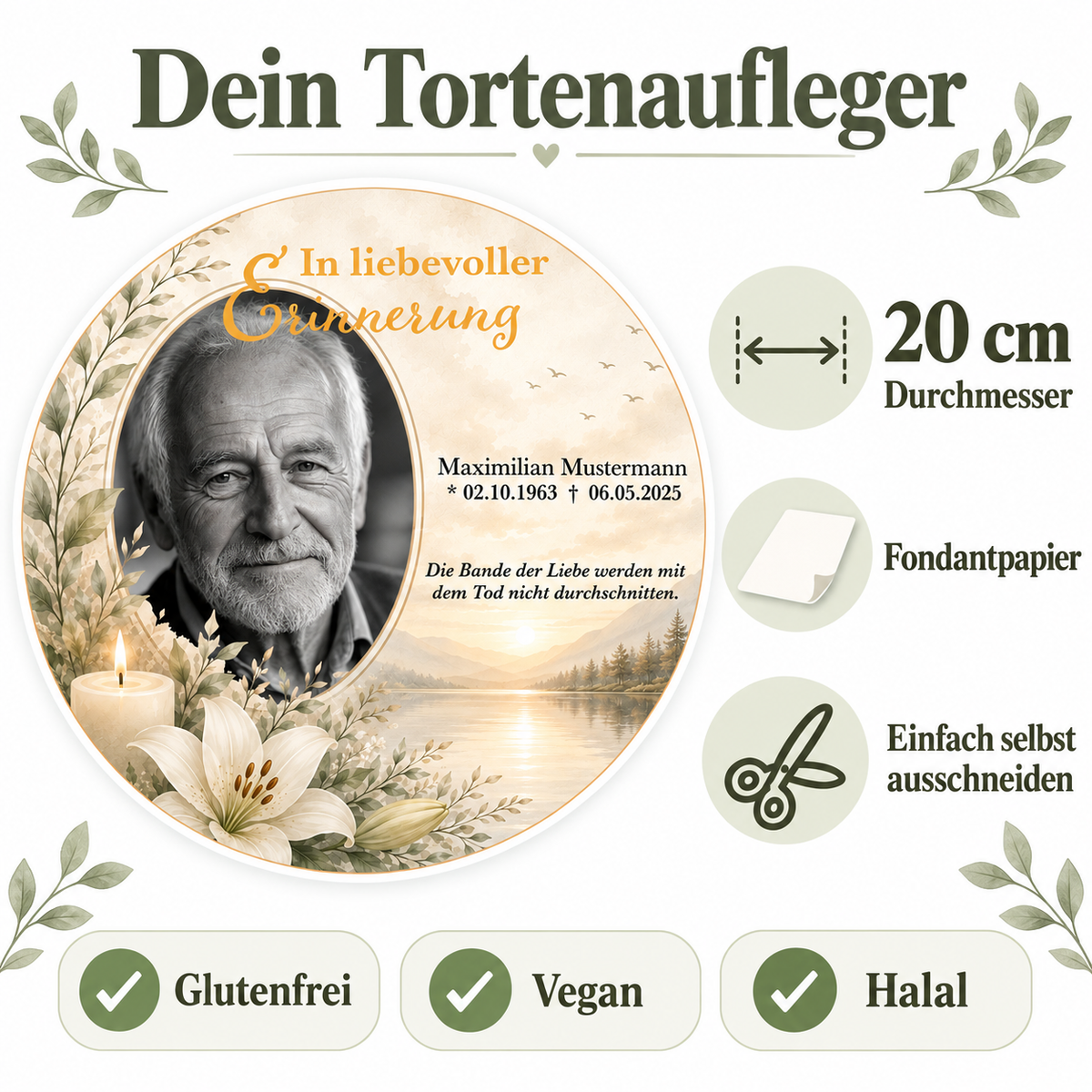 Tortenaufleger Beerdigung & Trauerfeier Kerze mit Bild – personalisiert mit Foto, Name & Datum – versch. Formen