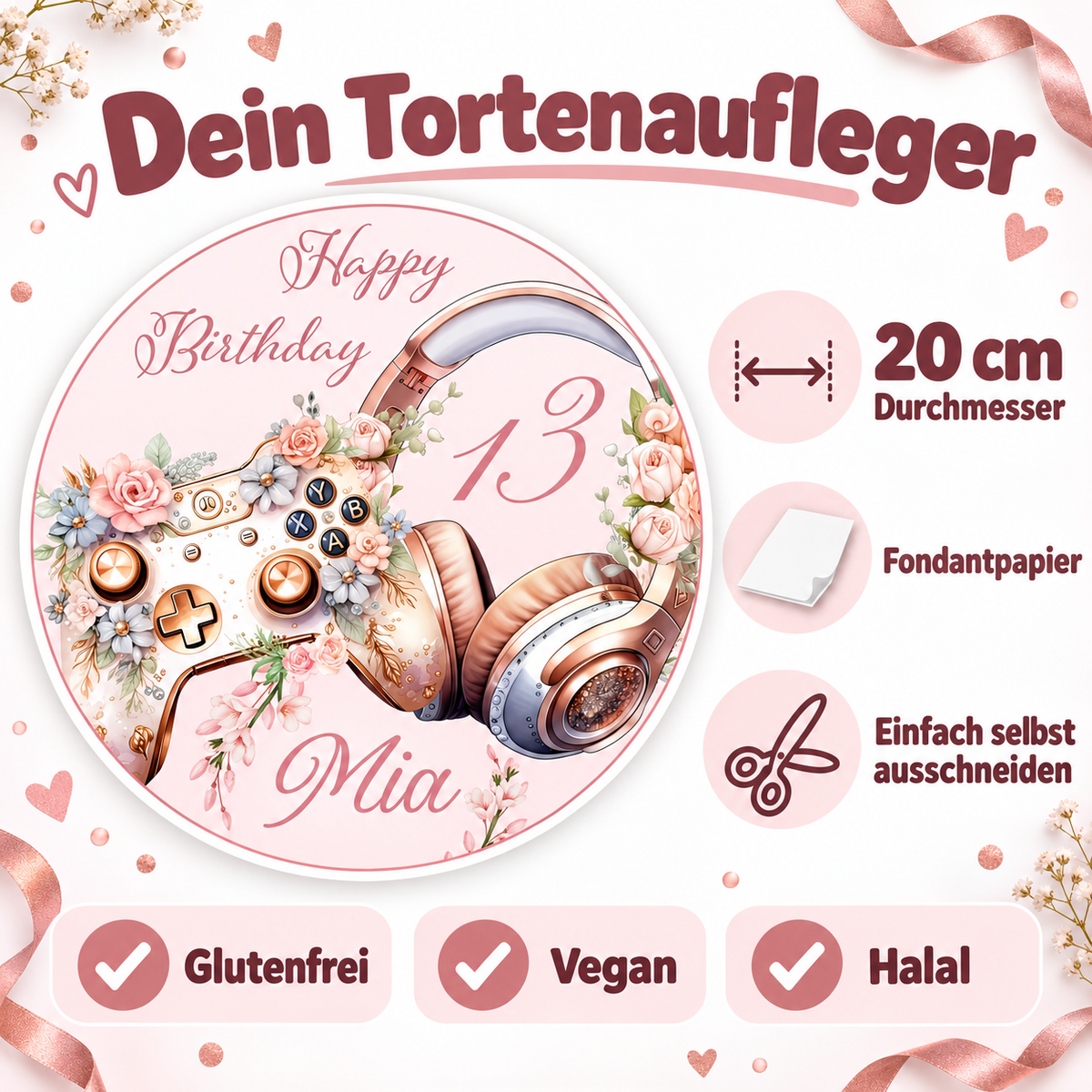 MUCKKI-PRO:e331151c3399fa9f13919c0d2fdd93ccea2ef5b0cb9d9b452e54aafe3a1878f0:Tortenaufleger Geburtstag Gamer Controller, HeadSet Personalisiert 4 Name & Zahl (20cm) Fondant Papier