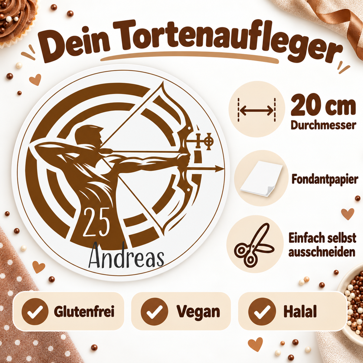 MUCKKI-PRO:cf74d4c641321e27b5af497acccccc457d8aa287066cd5dfdeba77e6c1ad66c1:Tortenaufleger Geburtstag Archer 2 Name & Zahl (20cm) Fondant Papier