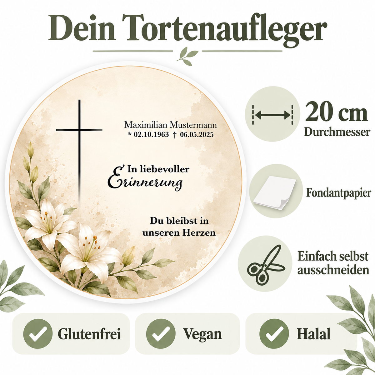 Tortenaufleger Beerdigung & Trauerfeier Blüten 01 – personalisiert mit Name & Sterbedatum Fondantpapier – versch. Formen