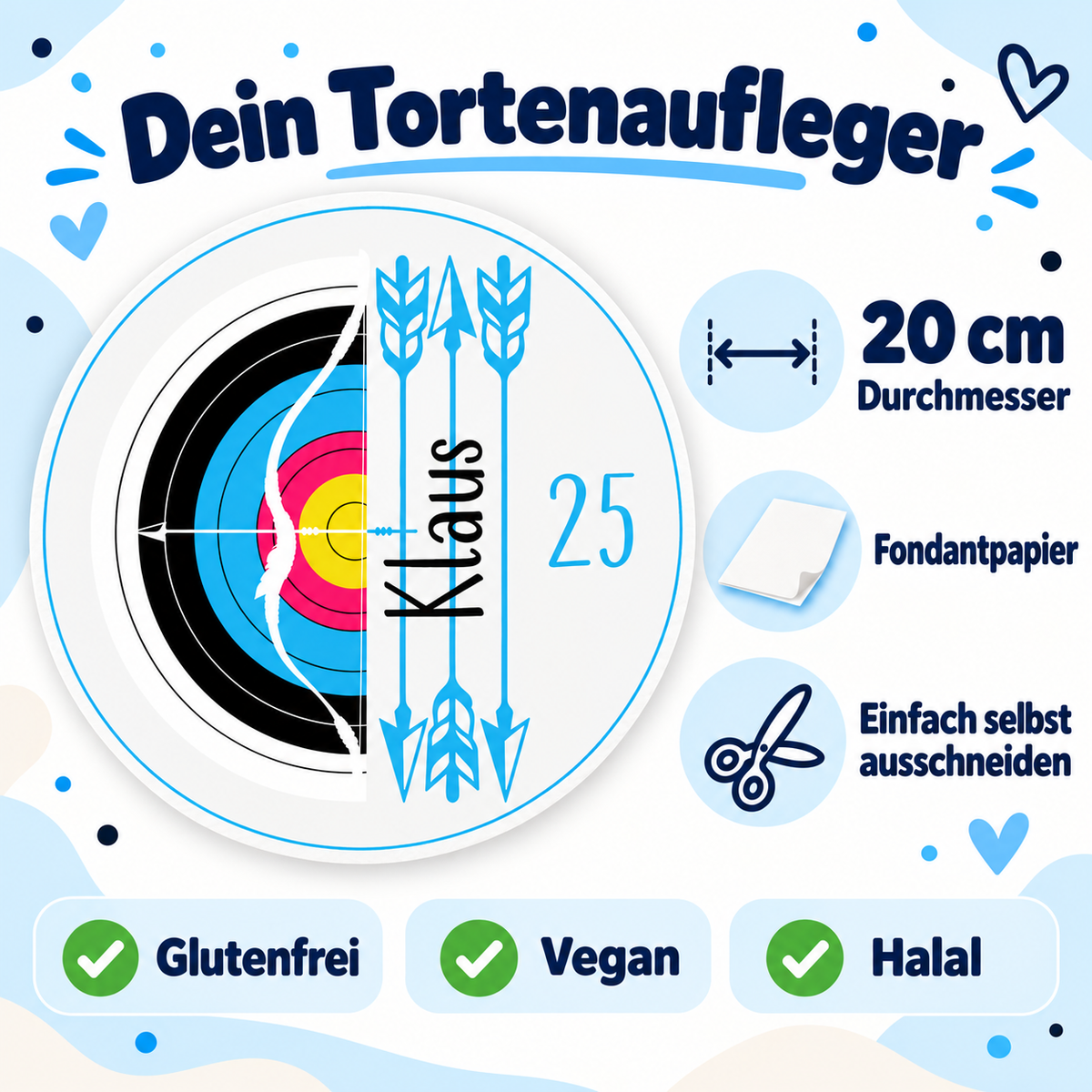 MUCKKI-PRO:dc3b179f4dac1b3fb5ed0098d6fadeb735049c299cb891799d4cf178aa50d39a:Tortenaufleger Geburtstag Archer 5 Name & Zahl (20cm) Fondant Papier