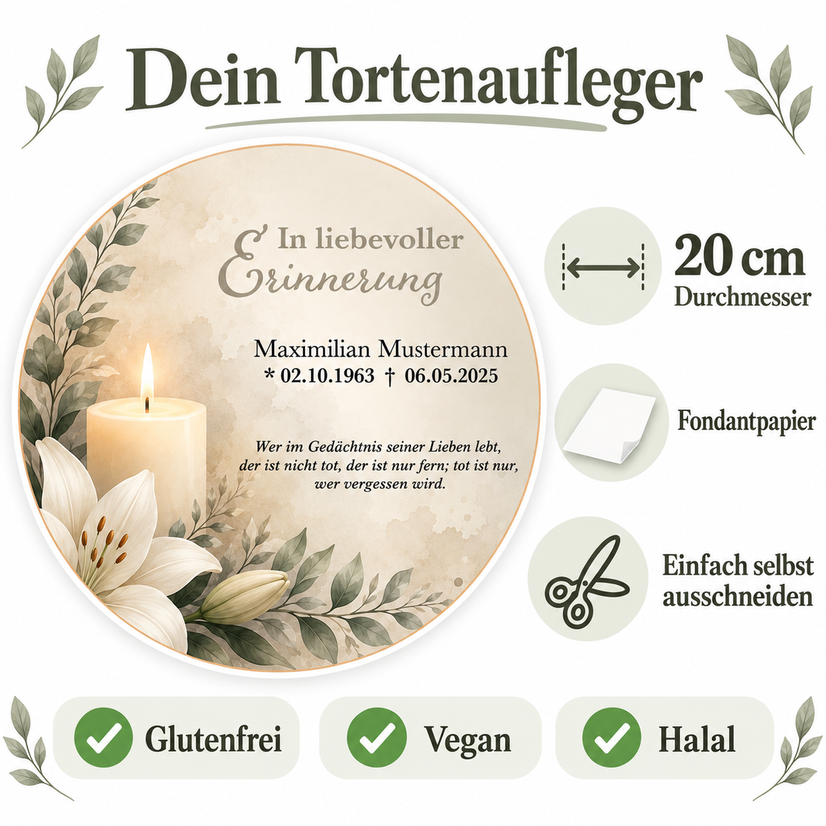Tortenaufleger Beerdigung & Trauerfeier Kerze 01 – personalisiert mit Name & Datum – versch. Formen